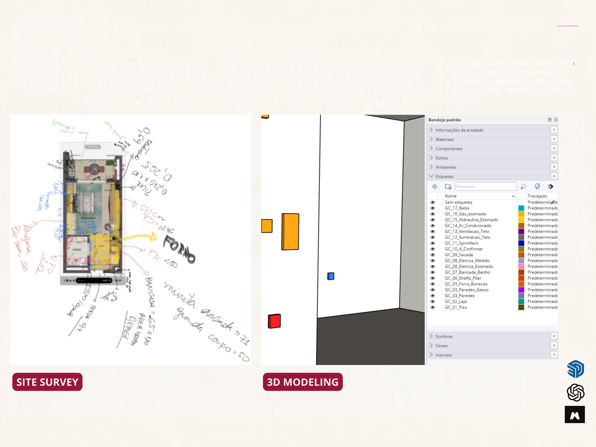 Survey drawing with hand-written measurements next to the organized 3D model layers in SketchUp