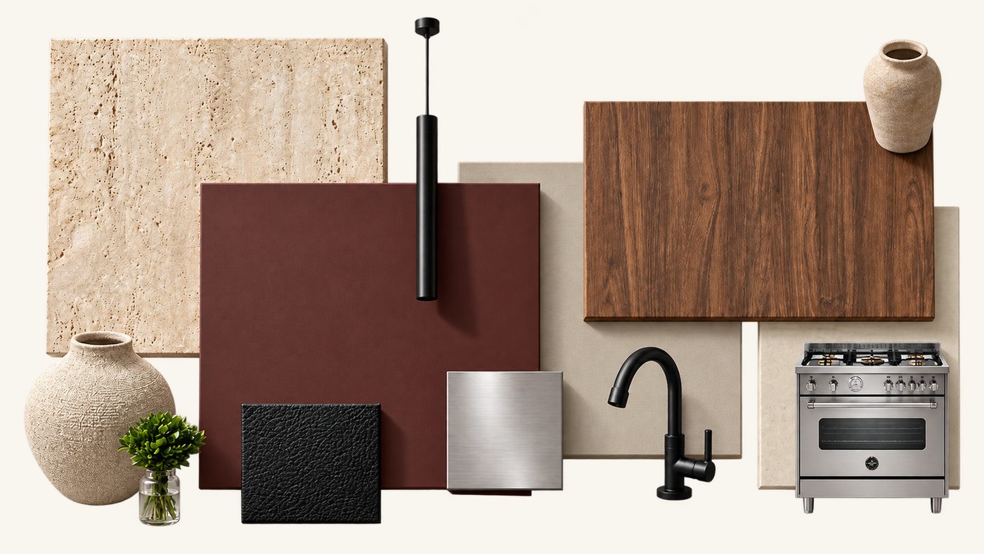 Kitchen mood board: stone, burgundy laminate, walnut, black fixtures