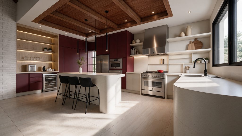 Kitchen with burgundy millwork