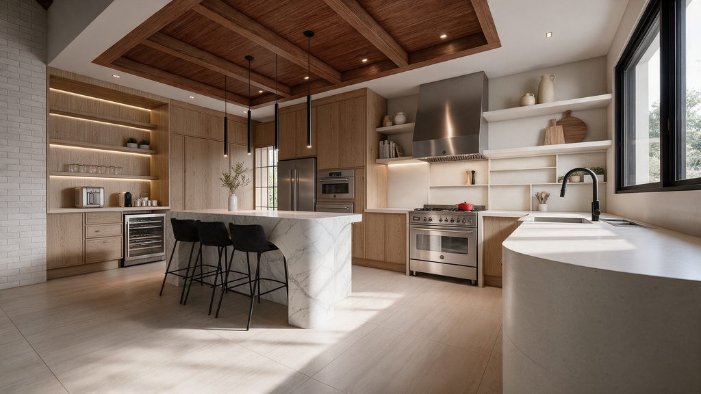 Kitchen with natural wood millwork