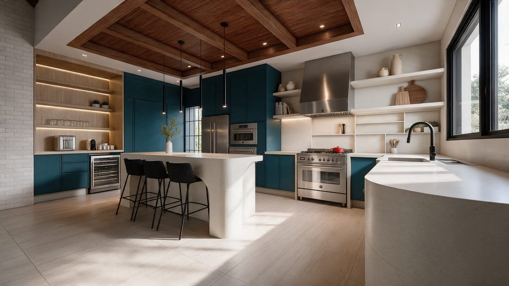 Kitchen with teal millwork