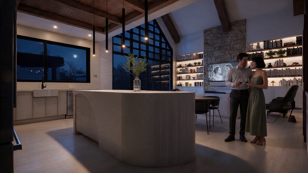 Kitchen at night with two people