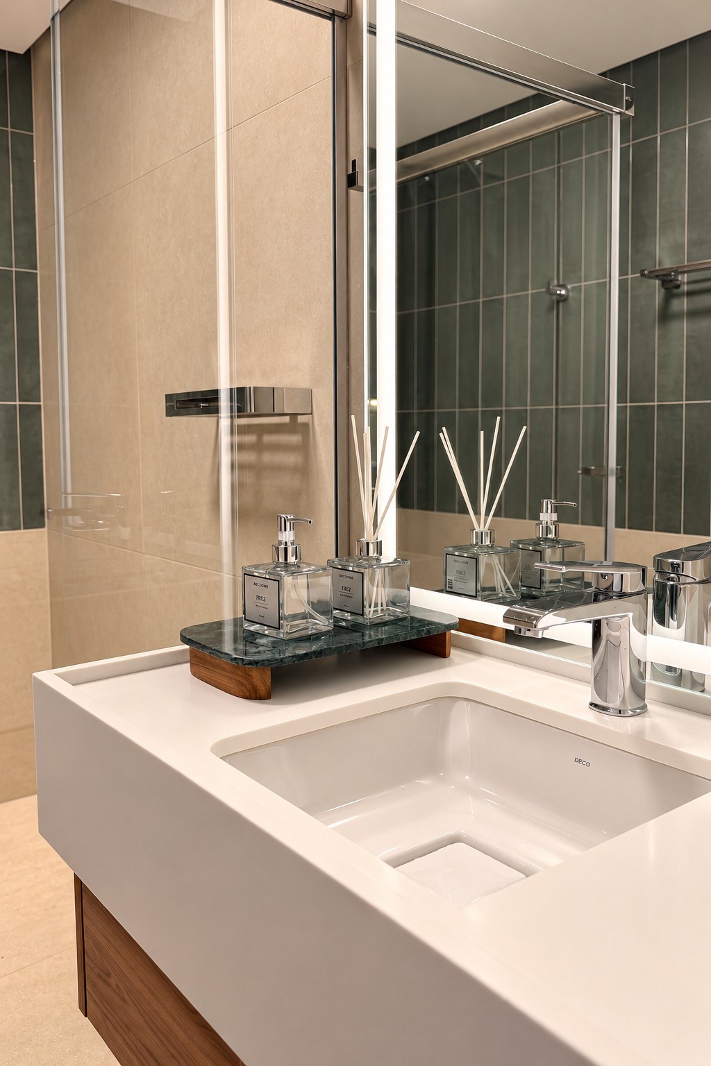 Bathroom vanity with white solid-surface top and lit mirror