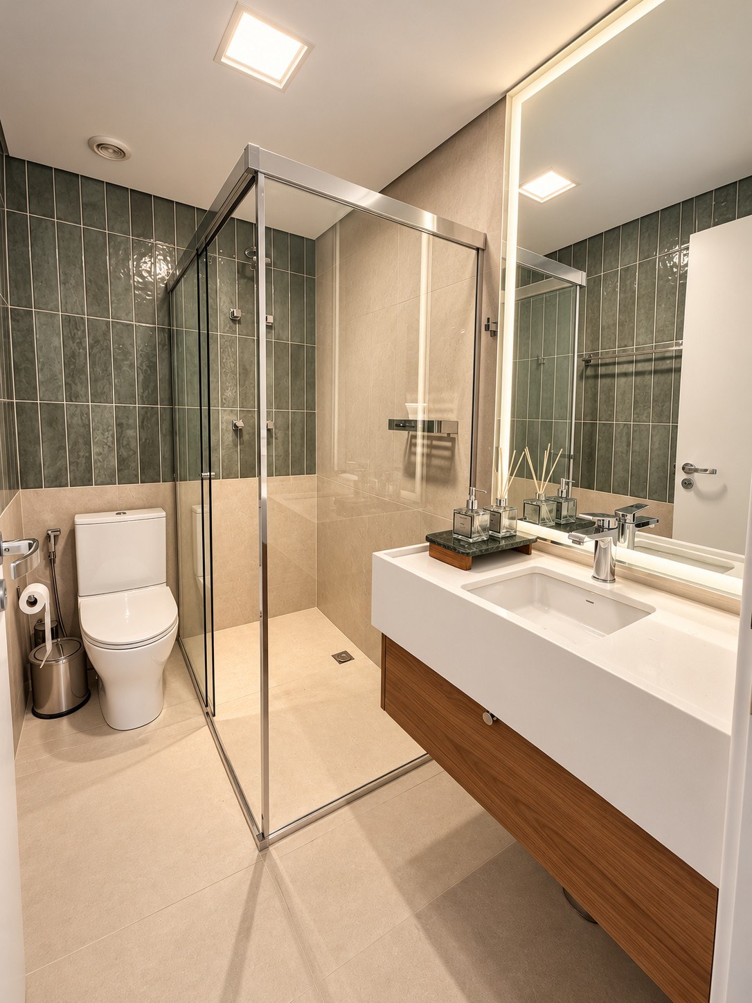 Bathroom with glass shower, green tile and floating vanity