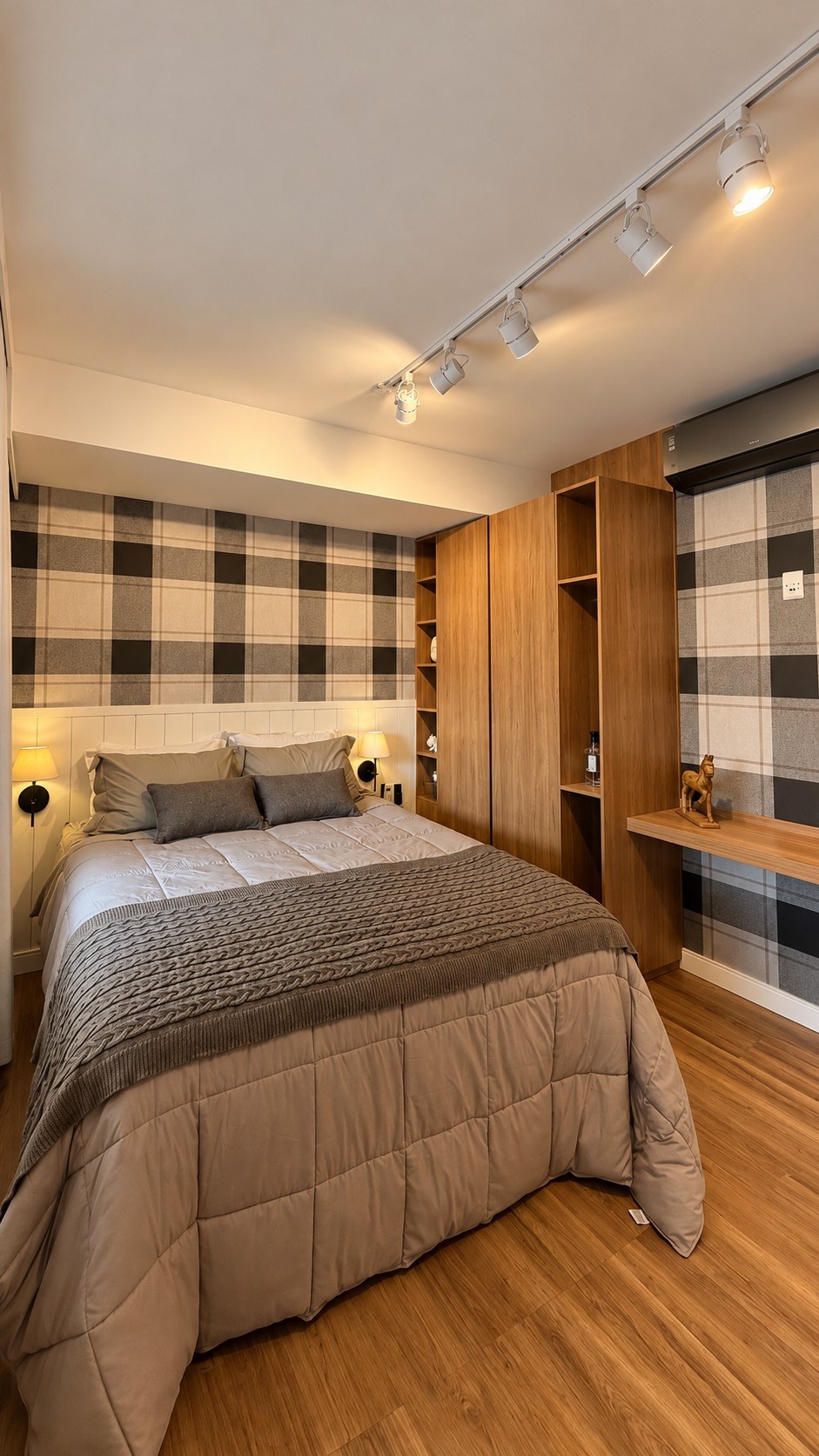 Bedroom with plaid wallpaper, built-in wardrobe and track lighting