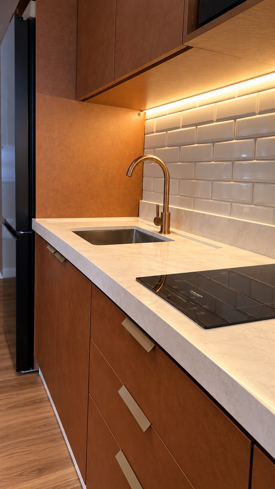 Copper faucet, white tile backsplash and warm under-cabinet lighting