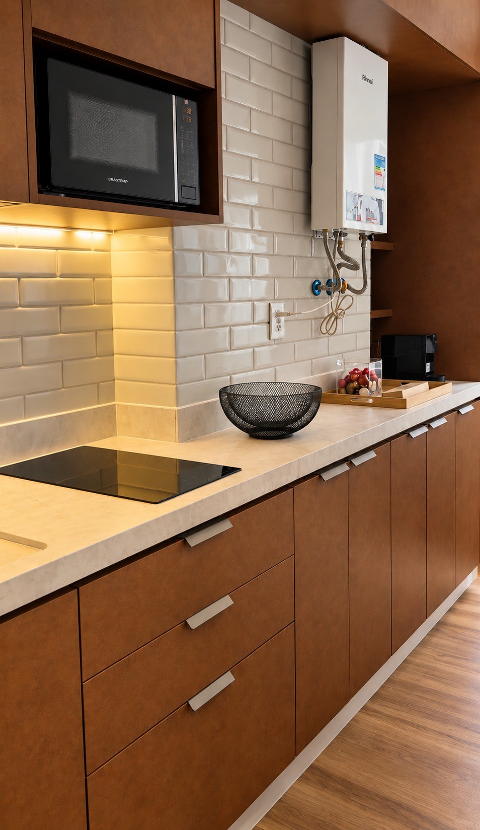 Kitchen run with microwave and induction cooktop