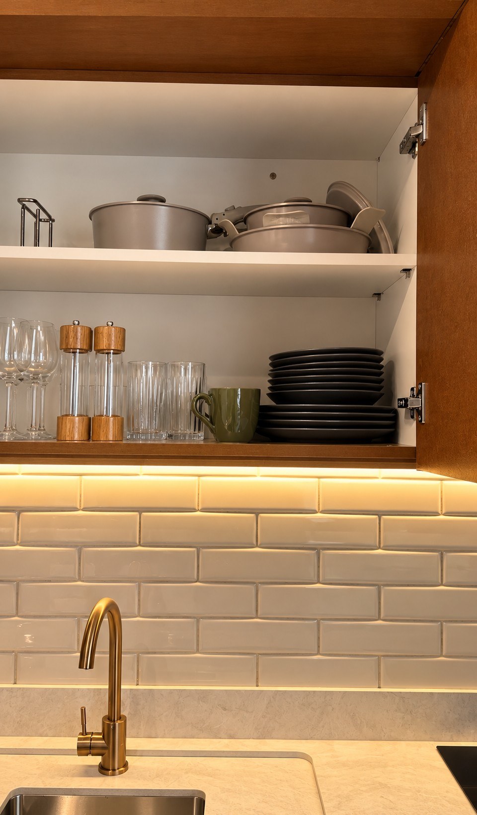 Open upper cabinet with dishes, lit tile backsplash