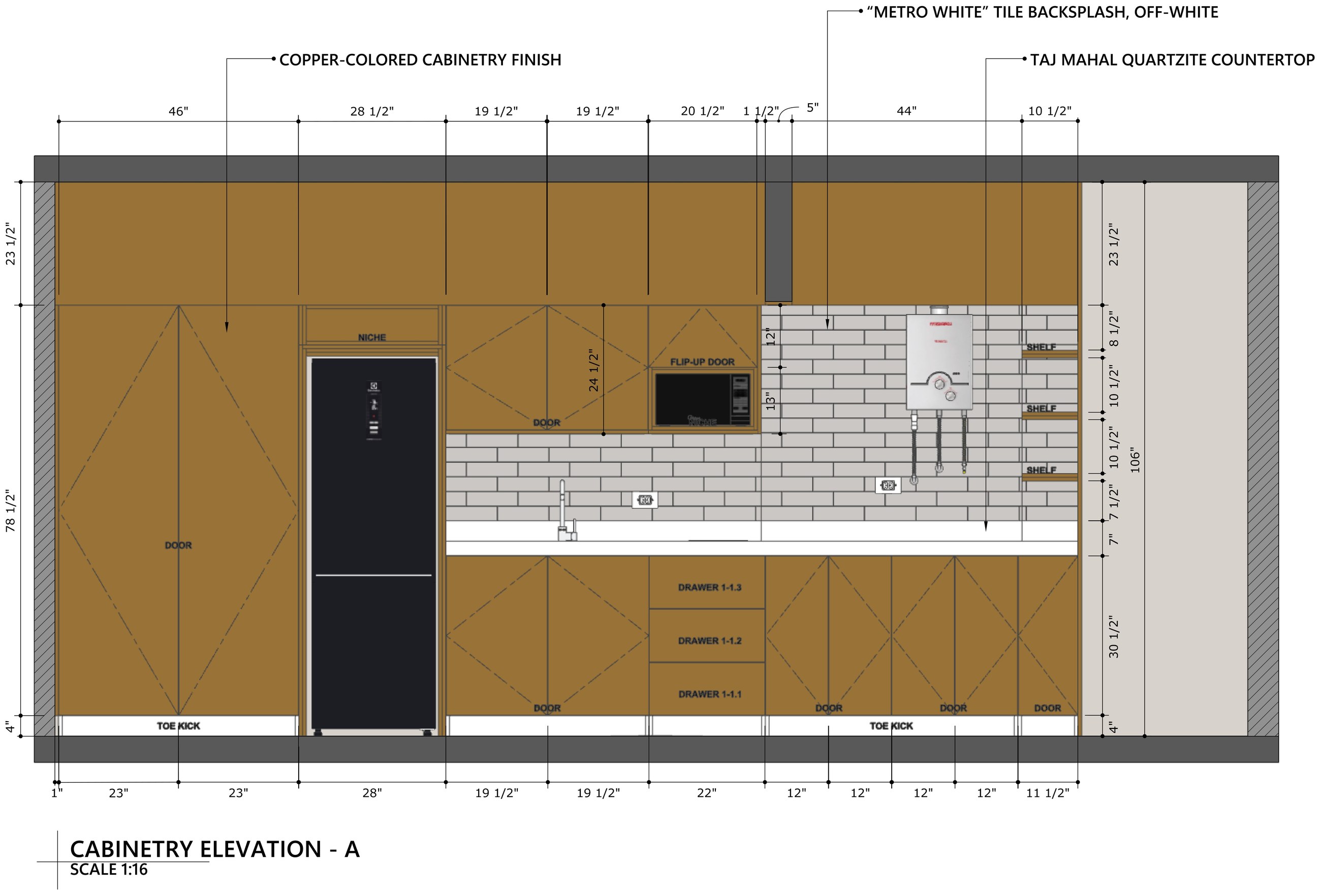Cabinetry elevation with copper-colored finish, metro tile backsplash and quartzite countertop callouts
