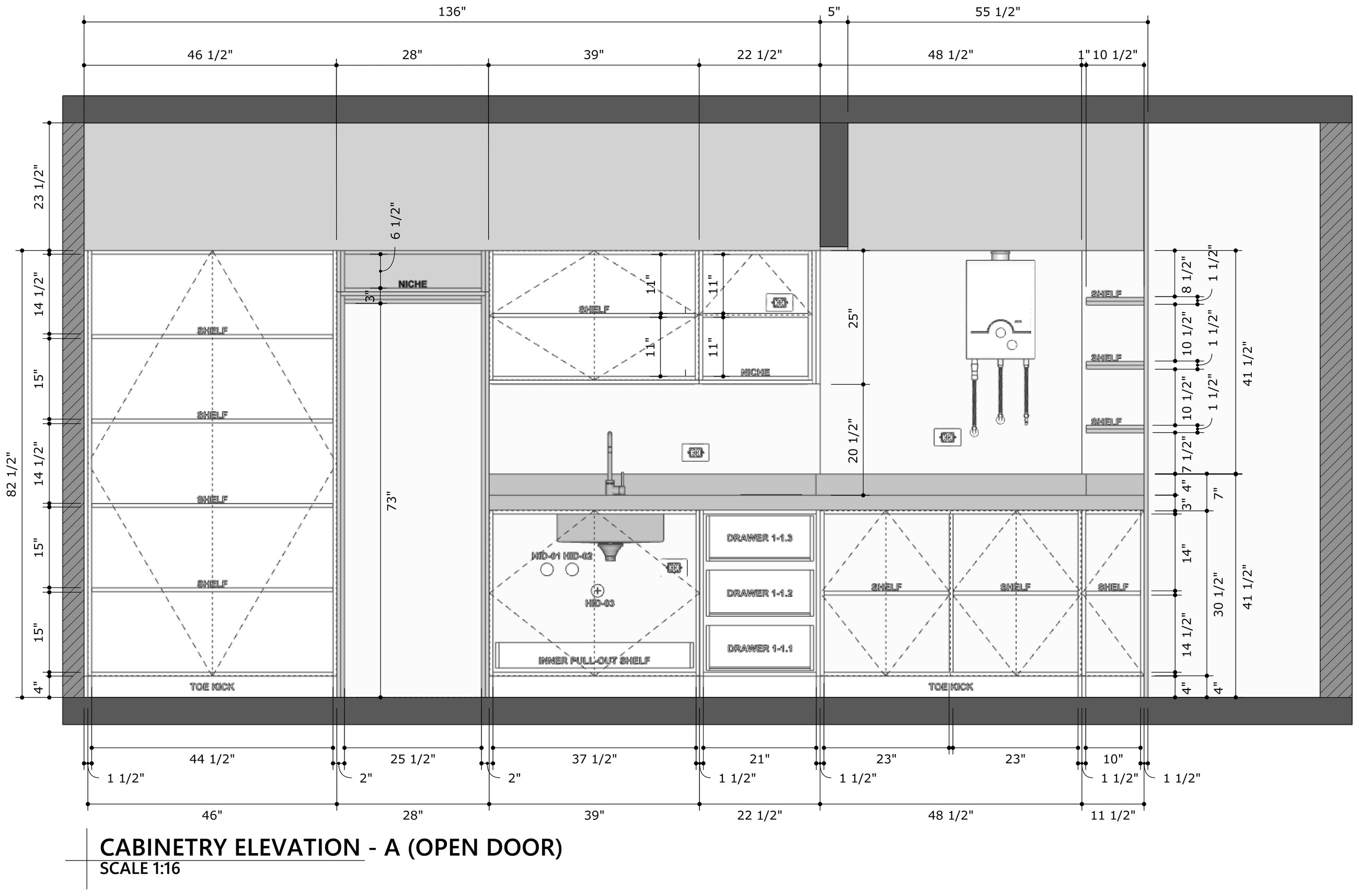Dimensioned cabinetry elevation with shelves, niches, drawers and sink base