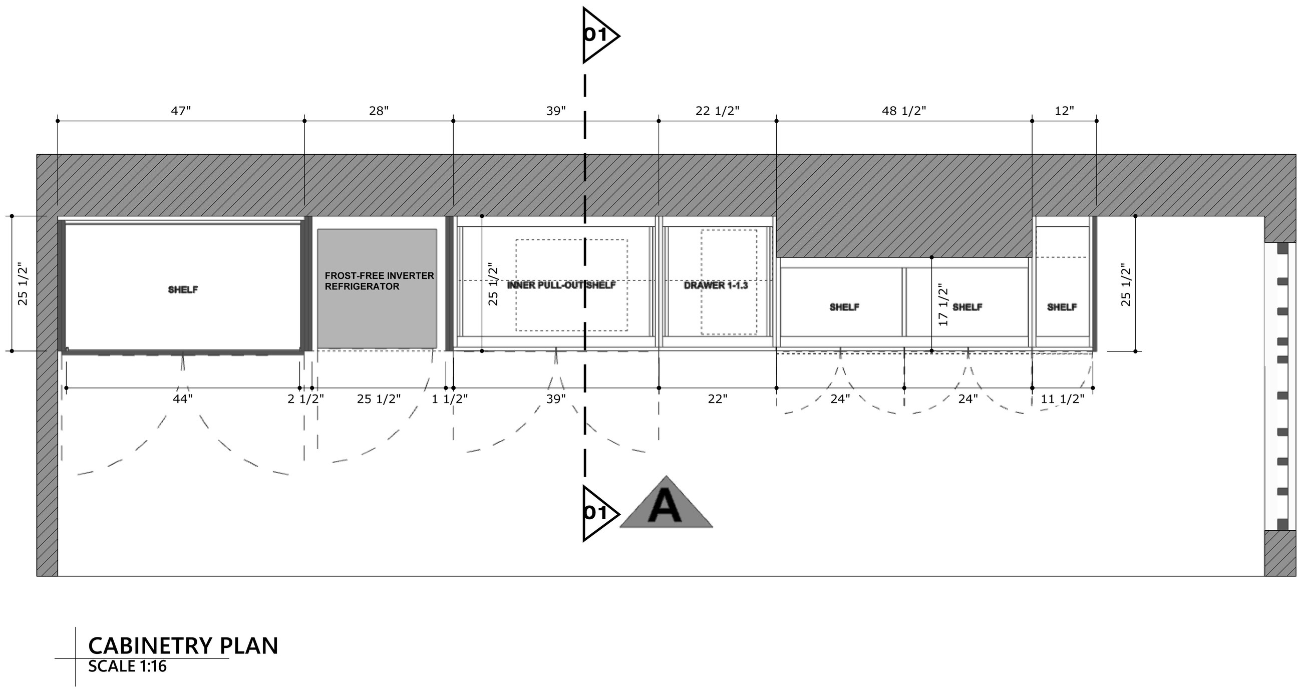 Dimensioned cabinetry plan with section marker