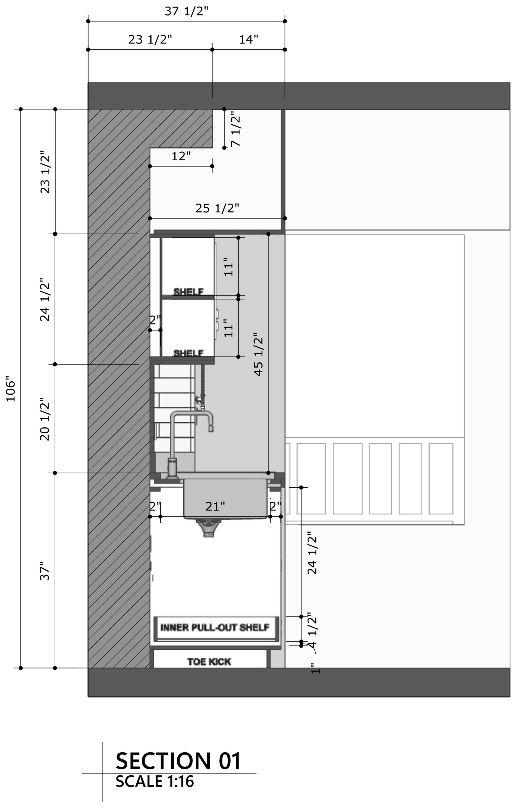 Dimensioned cabinetry section through the sink base and upper shelves