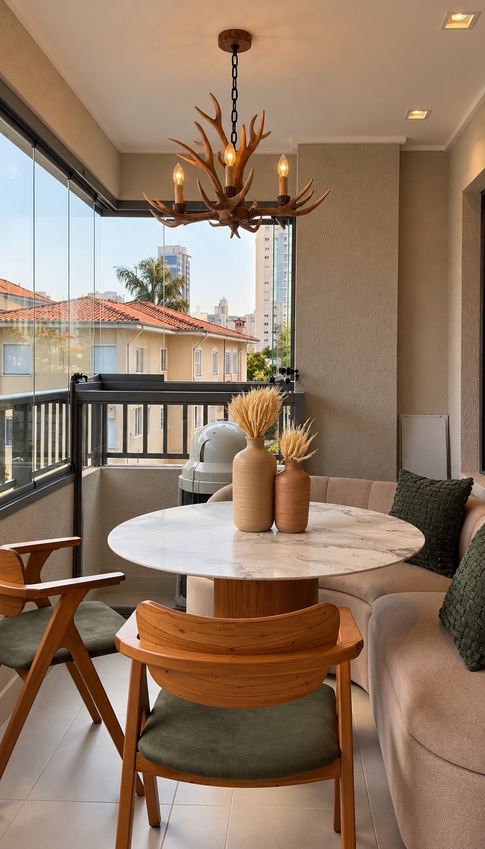 Glazed balcony with round marble table and antler chandelier