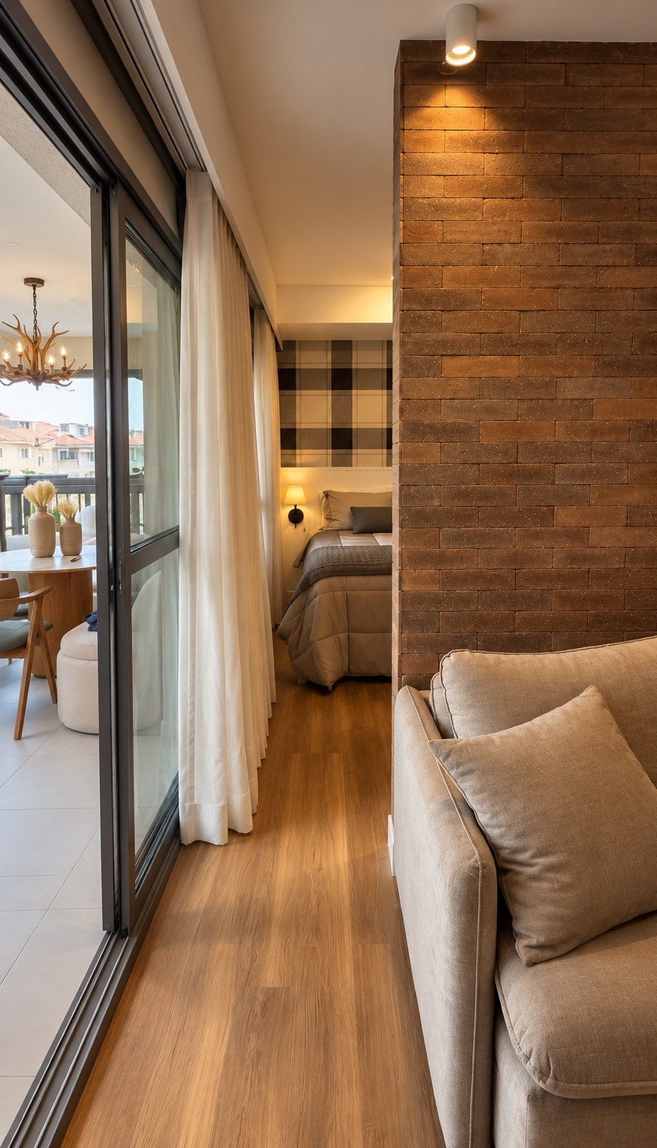 View from the living area through the glass door to the bedroom