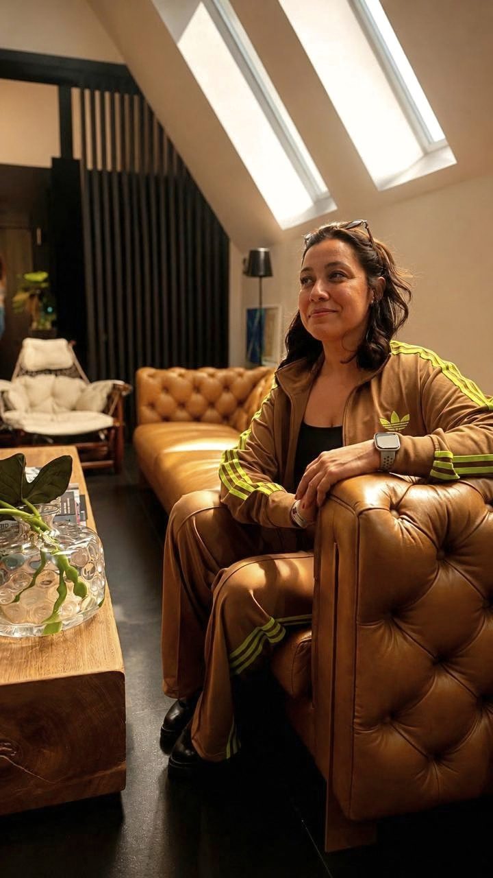 Portrait of Gisele Caixeta seated in a leather armchair
