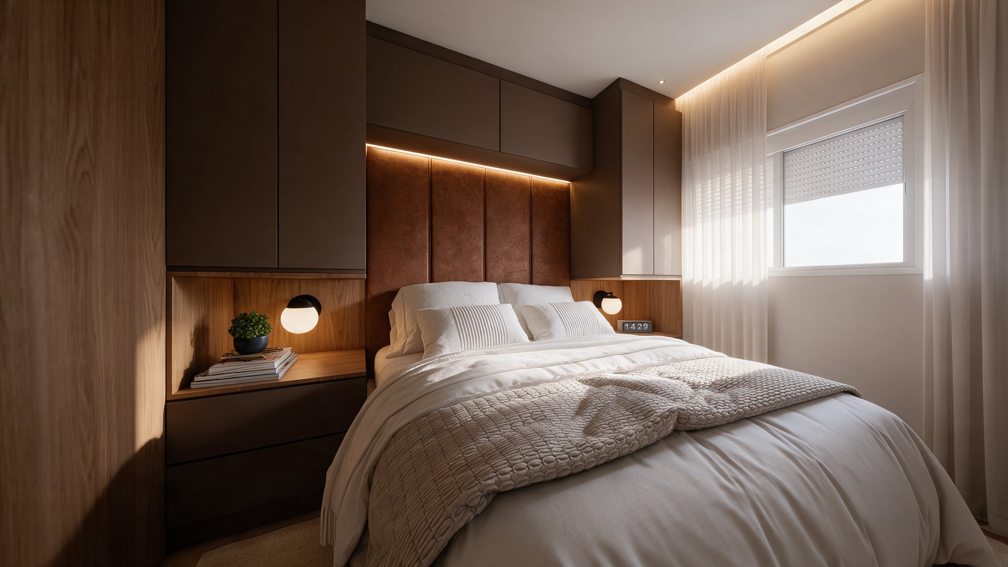 Bedroom with upholstered headboard, overhead storage and lit niches
