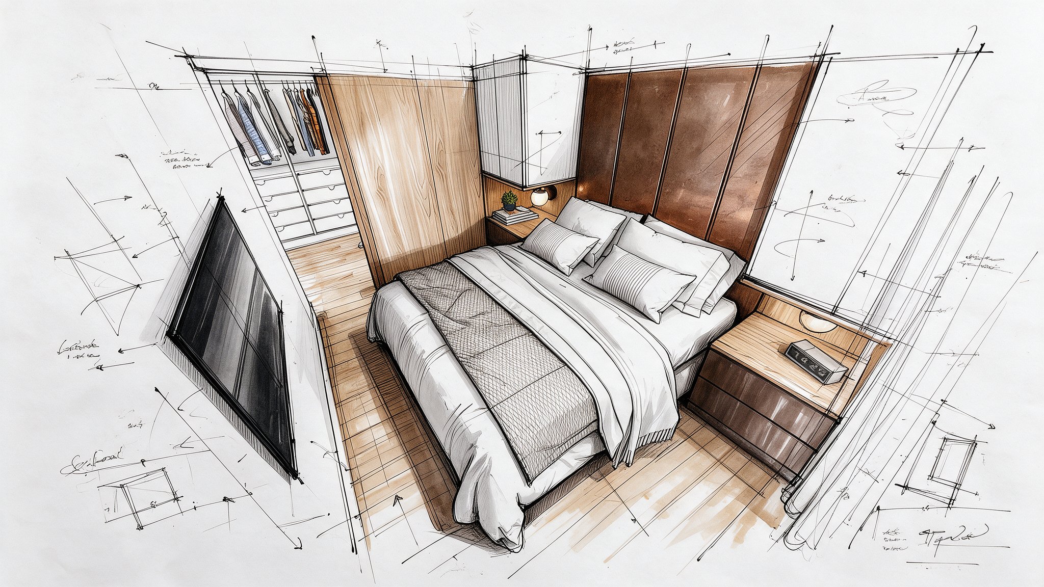 Bedroom concept sketch with walk-in closet