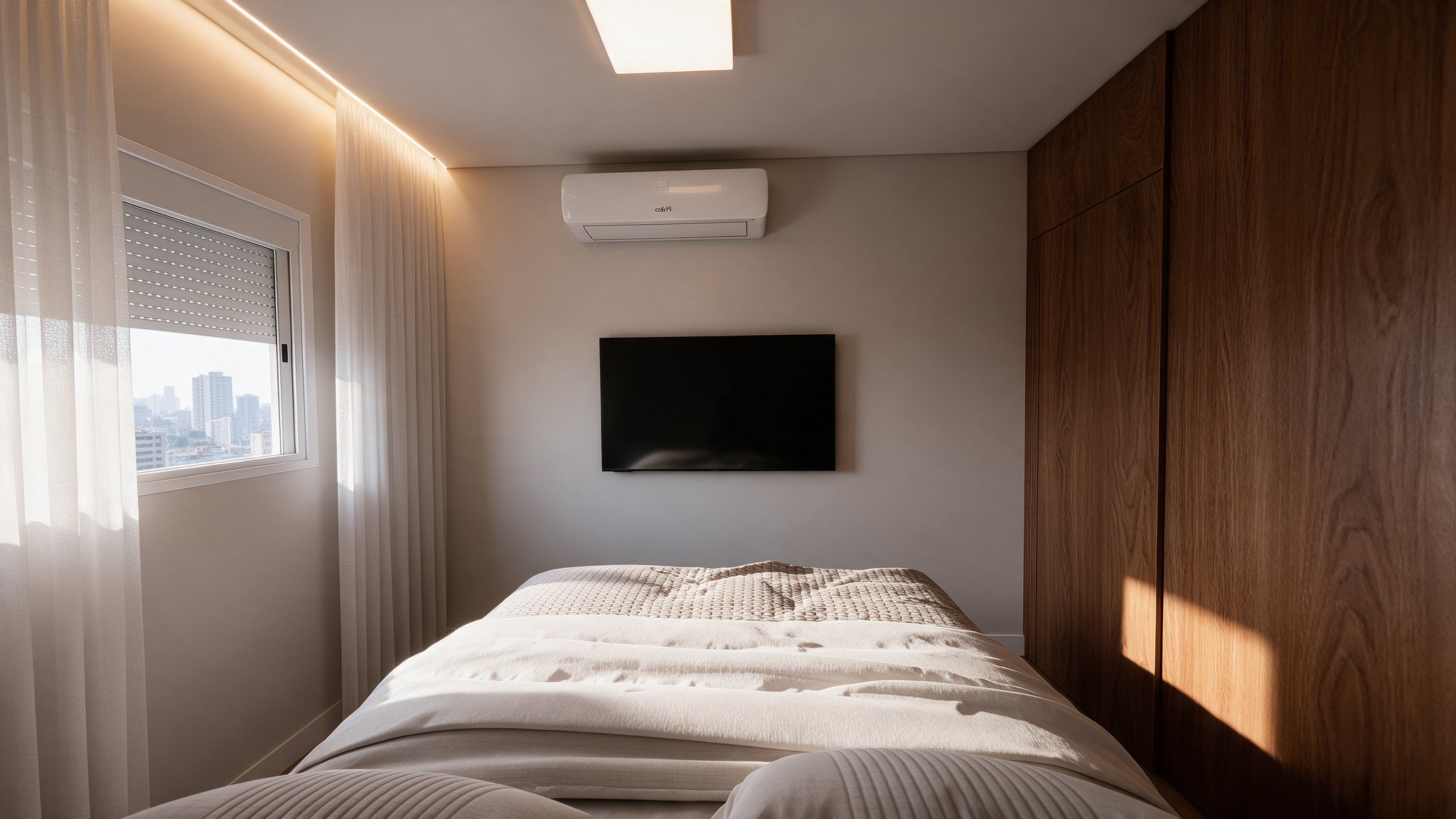 Bedroom with wall-mounted TV and walnut wardrobe
