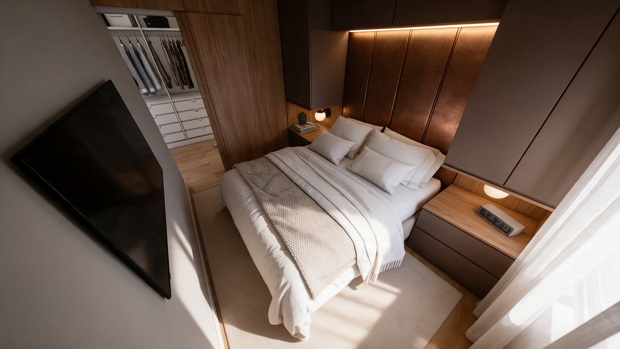 Bedroom seen from above with walk-in closet