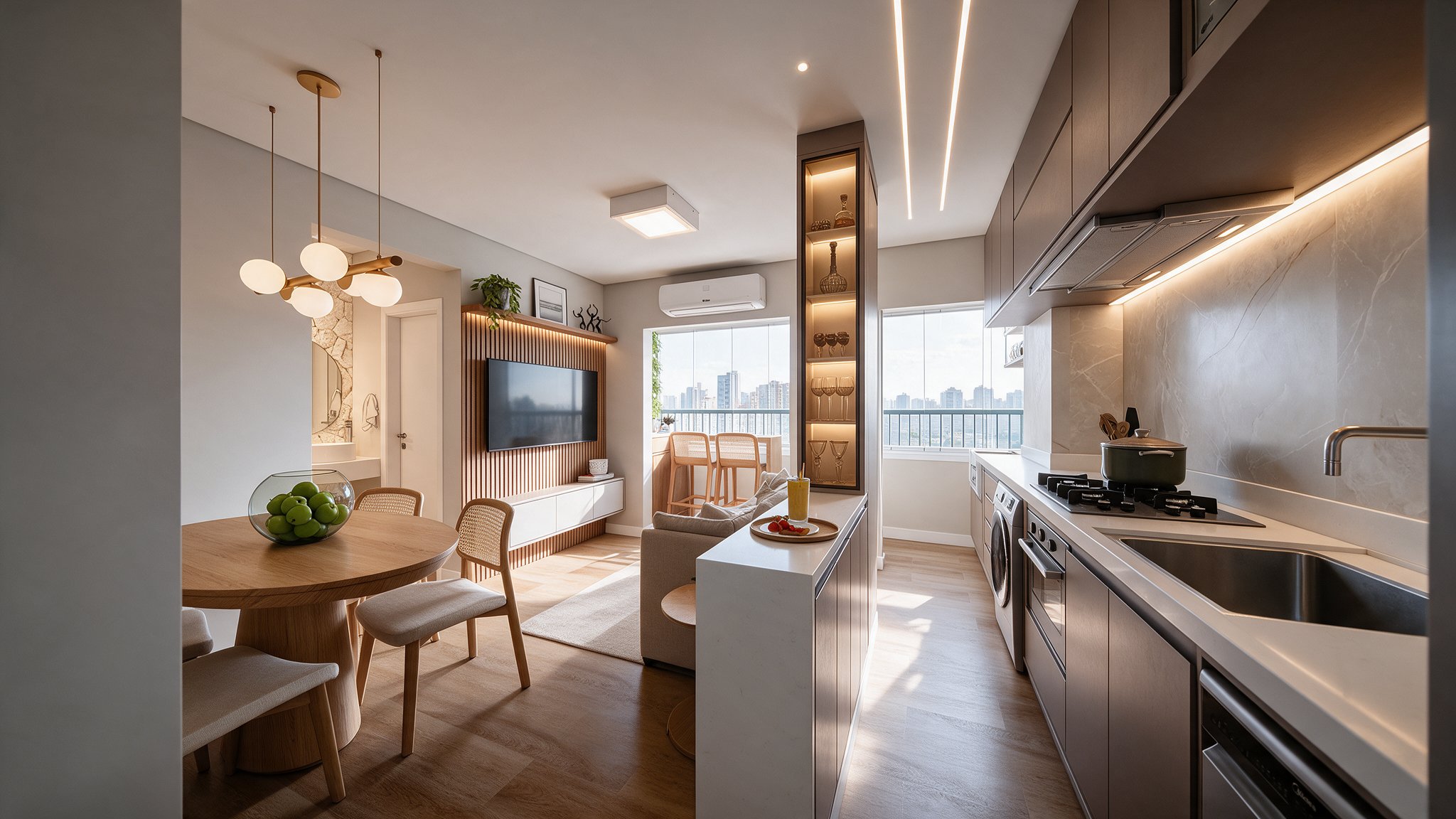 Living, dining and kitchen in daylight