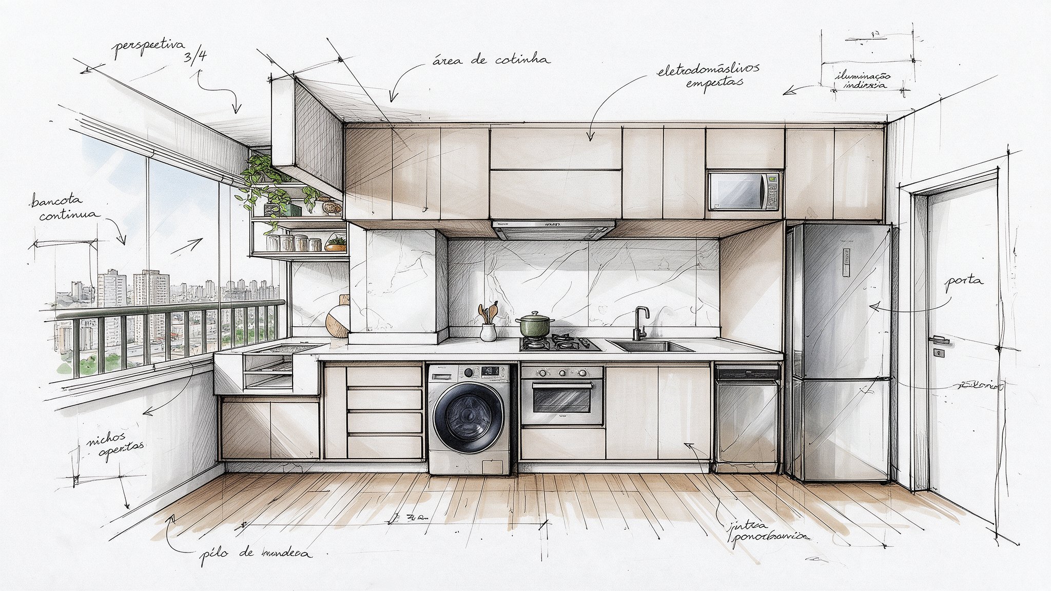 Kitchen perspective sketch with notes