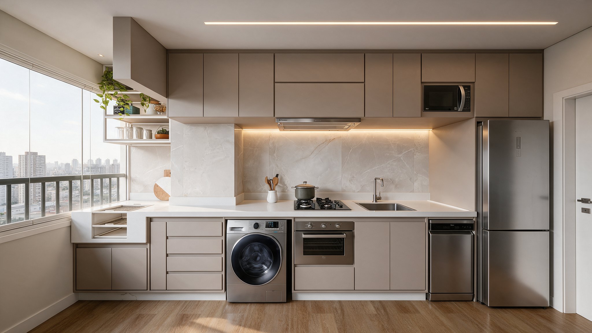 Kitchen with taupe millwork, stone backsplash and integrated laundry