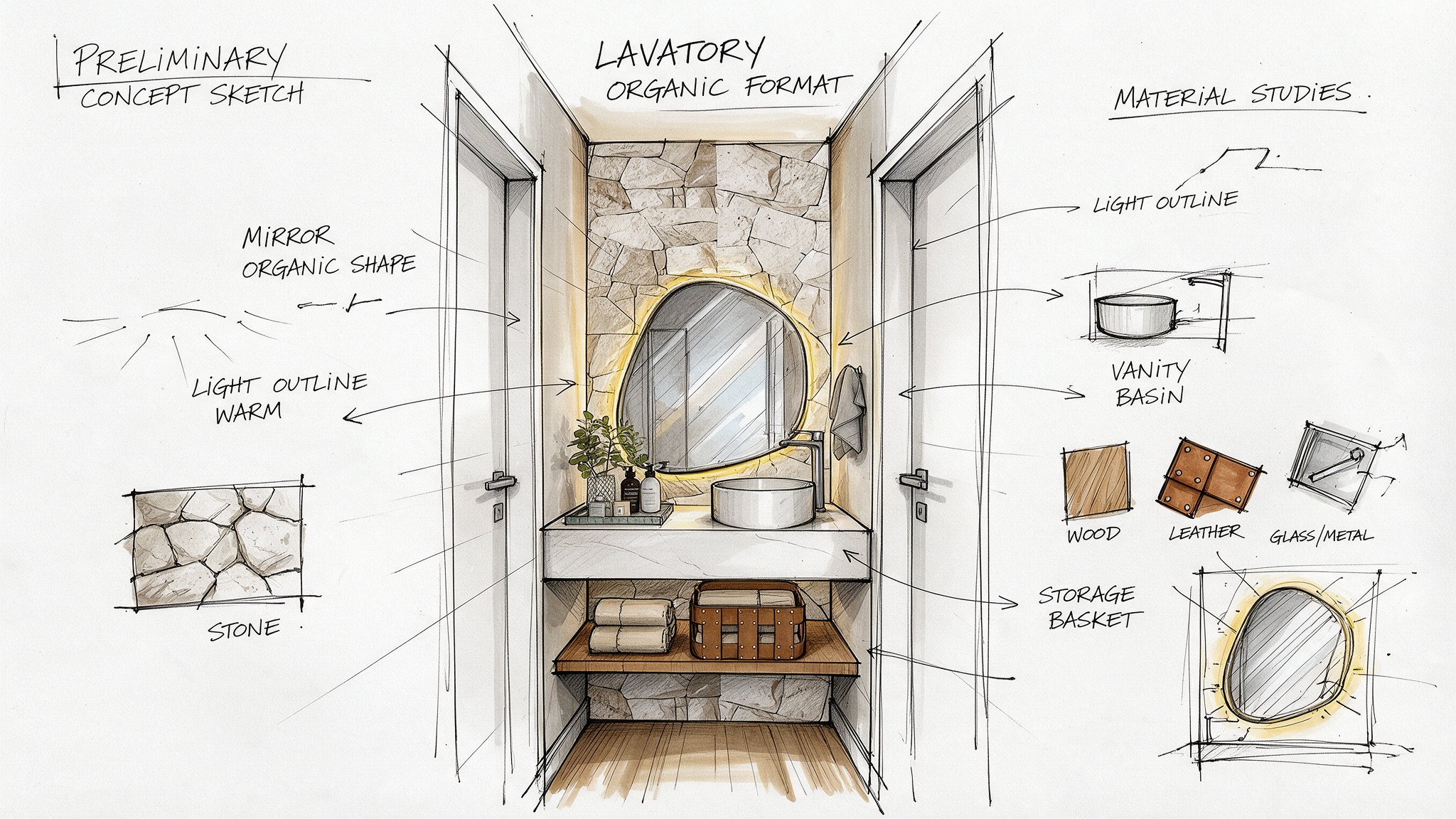 Preliminary concept sketch with material studies