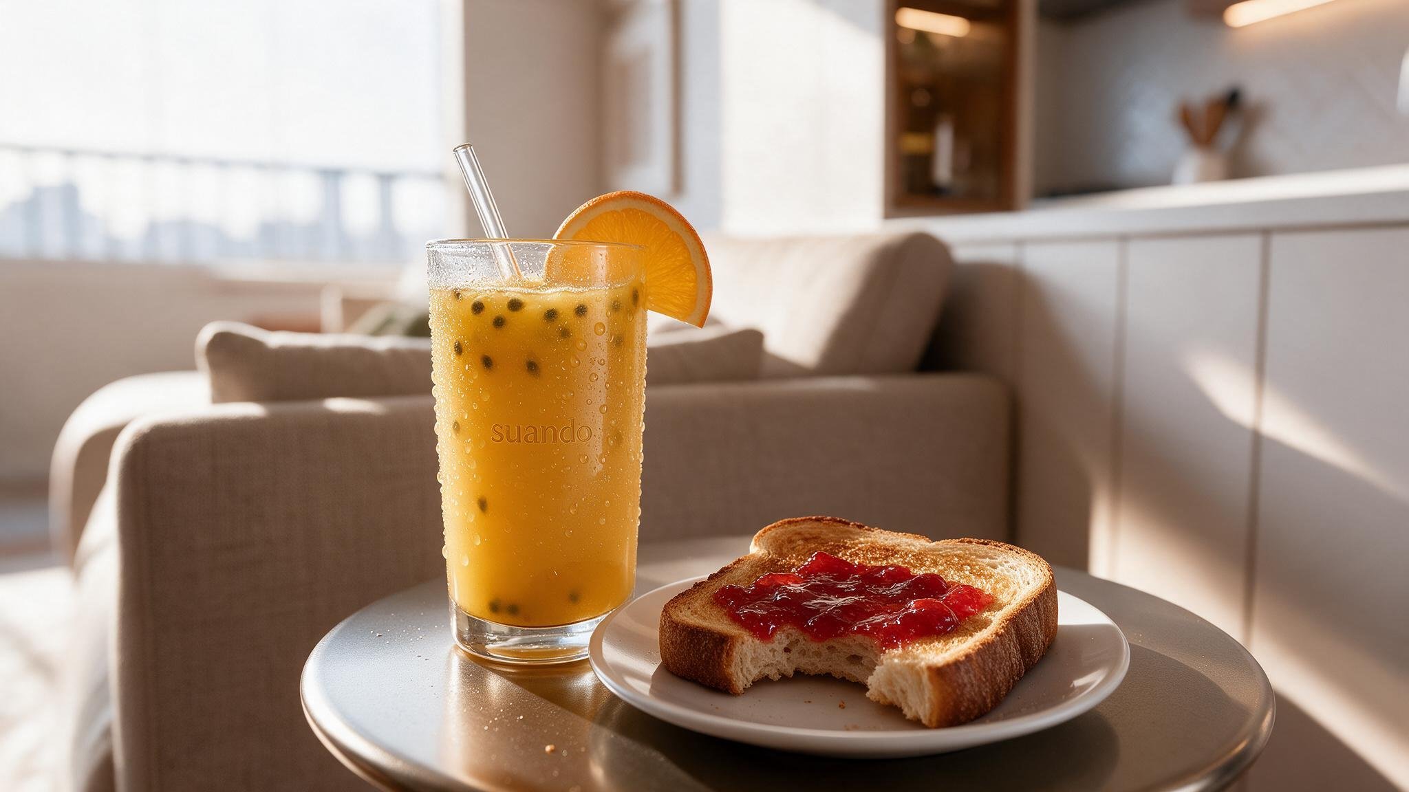 Juice and toast on a side table beside the sofa