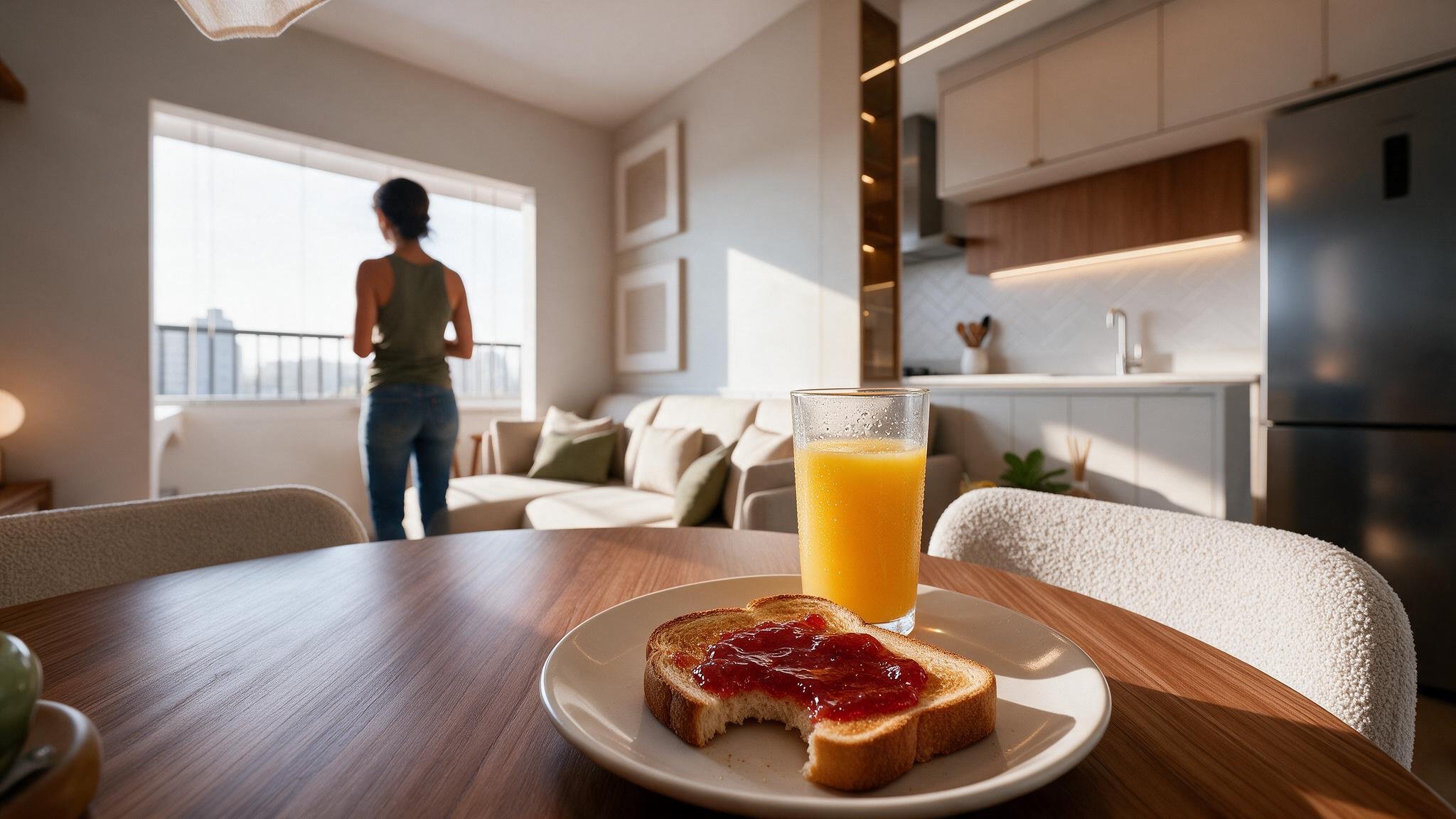 Breakfast table in the living area with a person looking out the window
