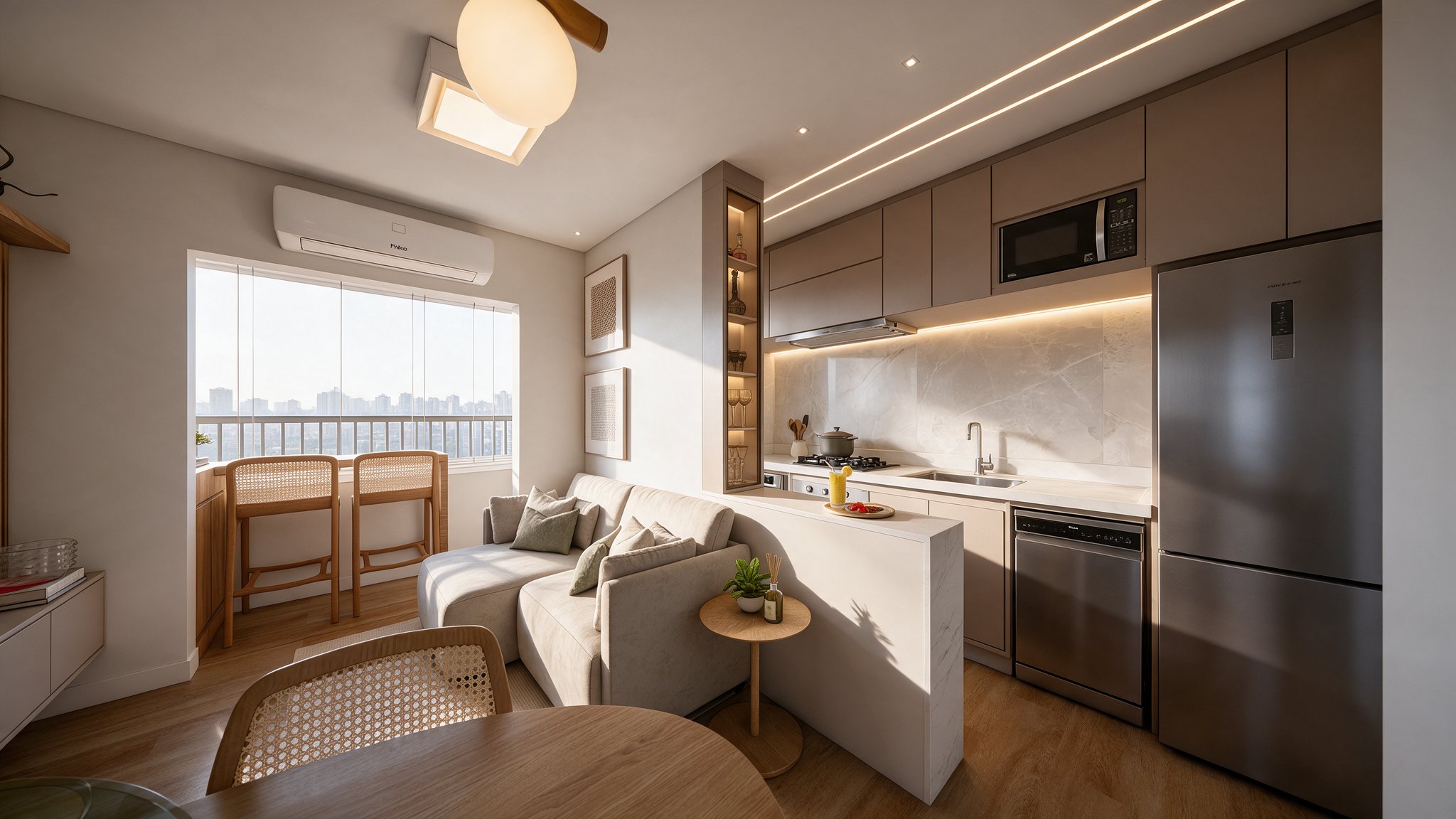 Open living and kitchen area in warm daylight