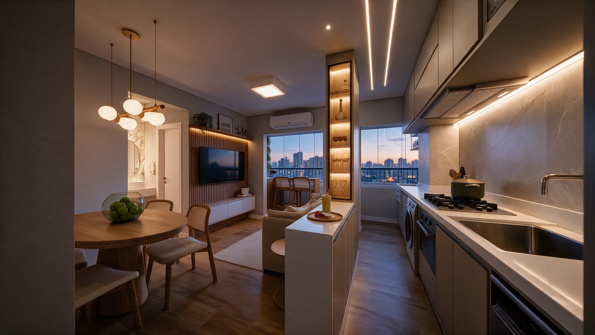 Living, dining and kitchen at dusk