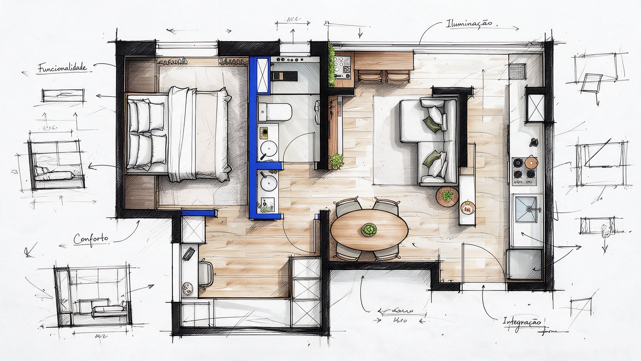 Hand-drawn style floor plan sketch with design notes