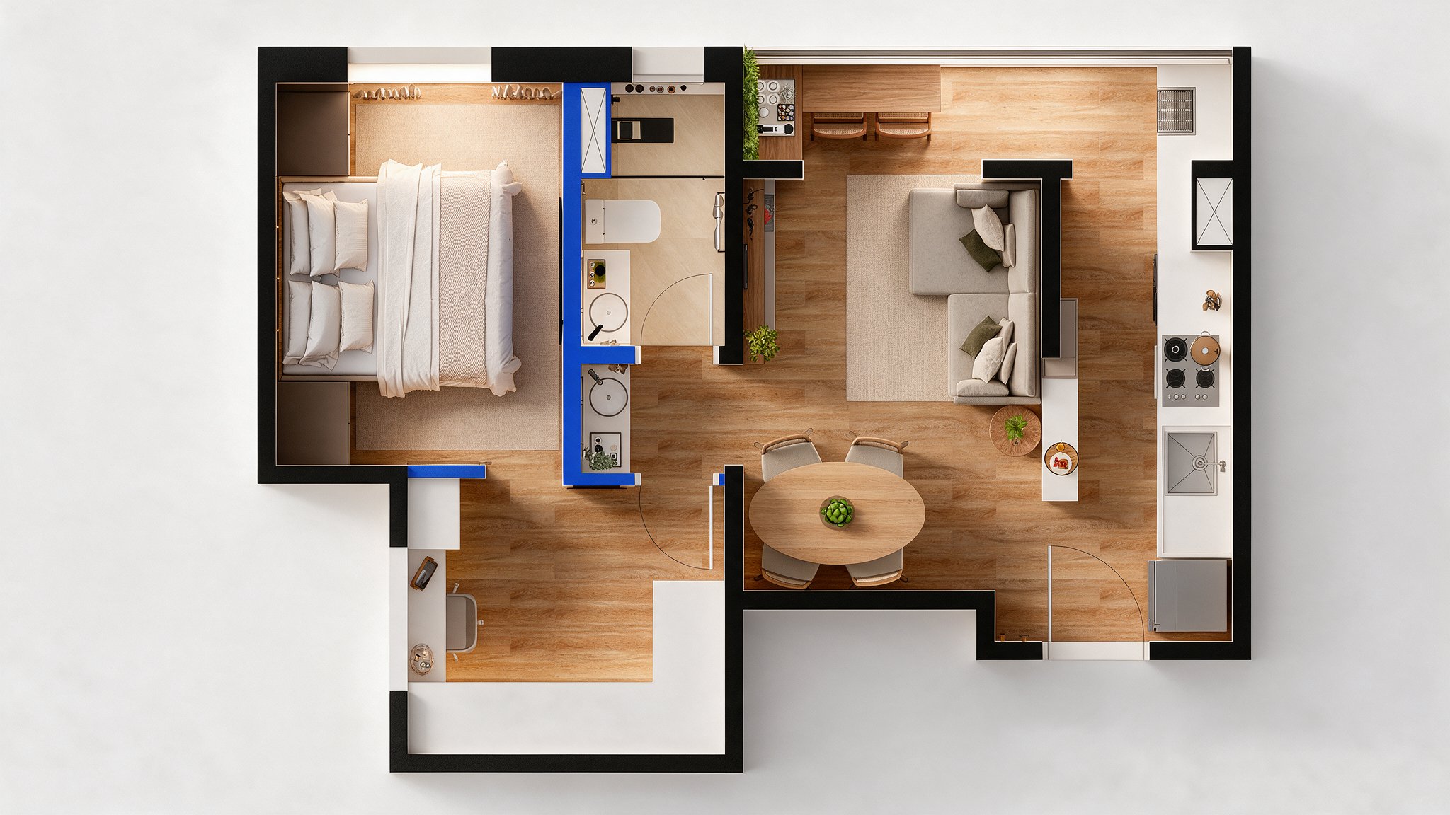 Top-down 3D floor plan of the apartment