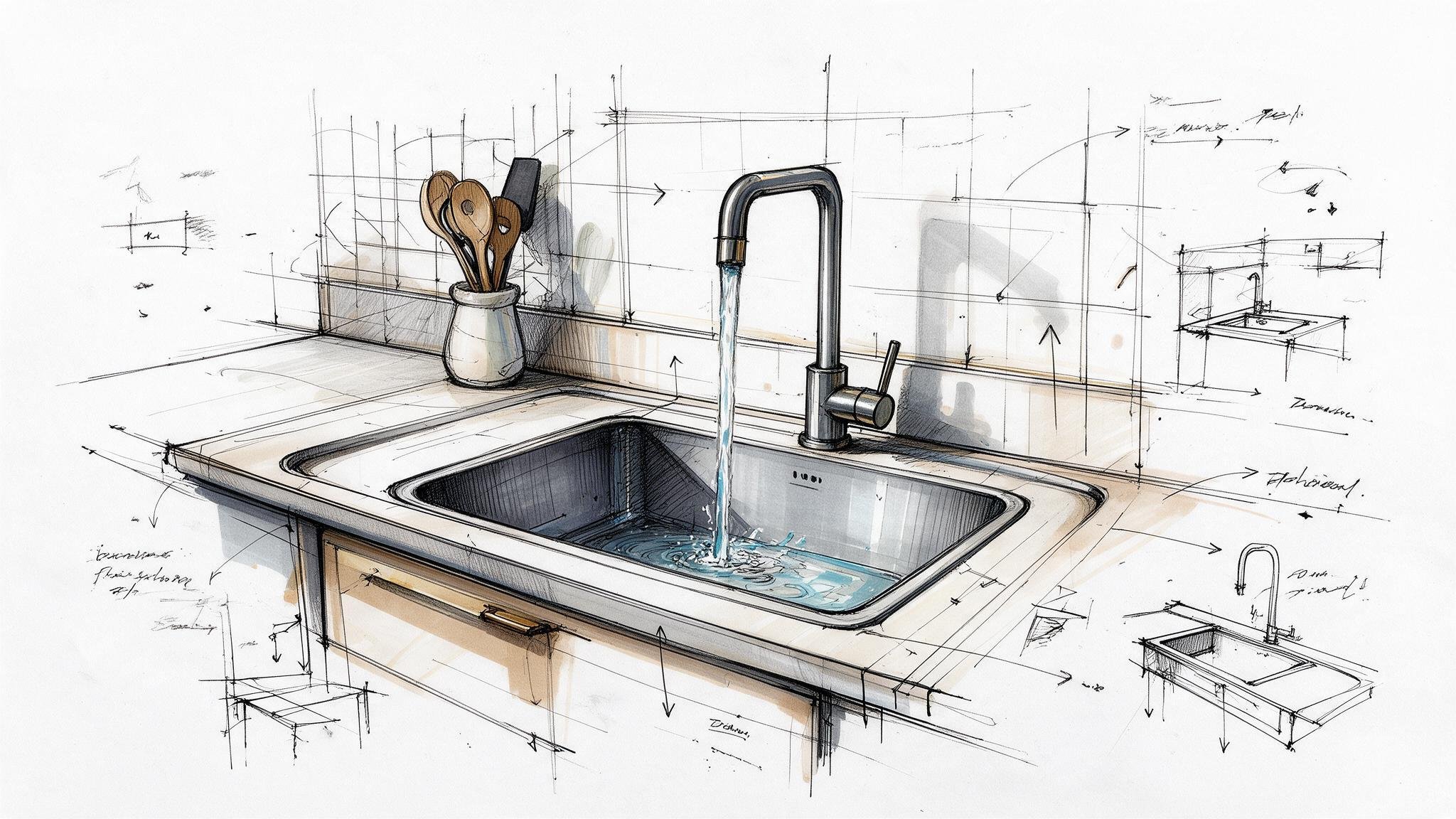 Concept sketch of the kitchen sink and countertop detail