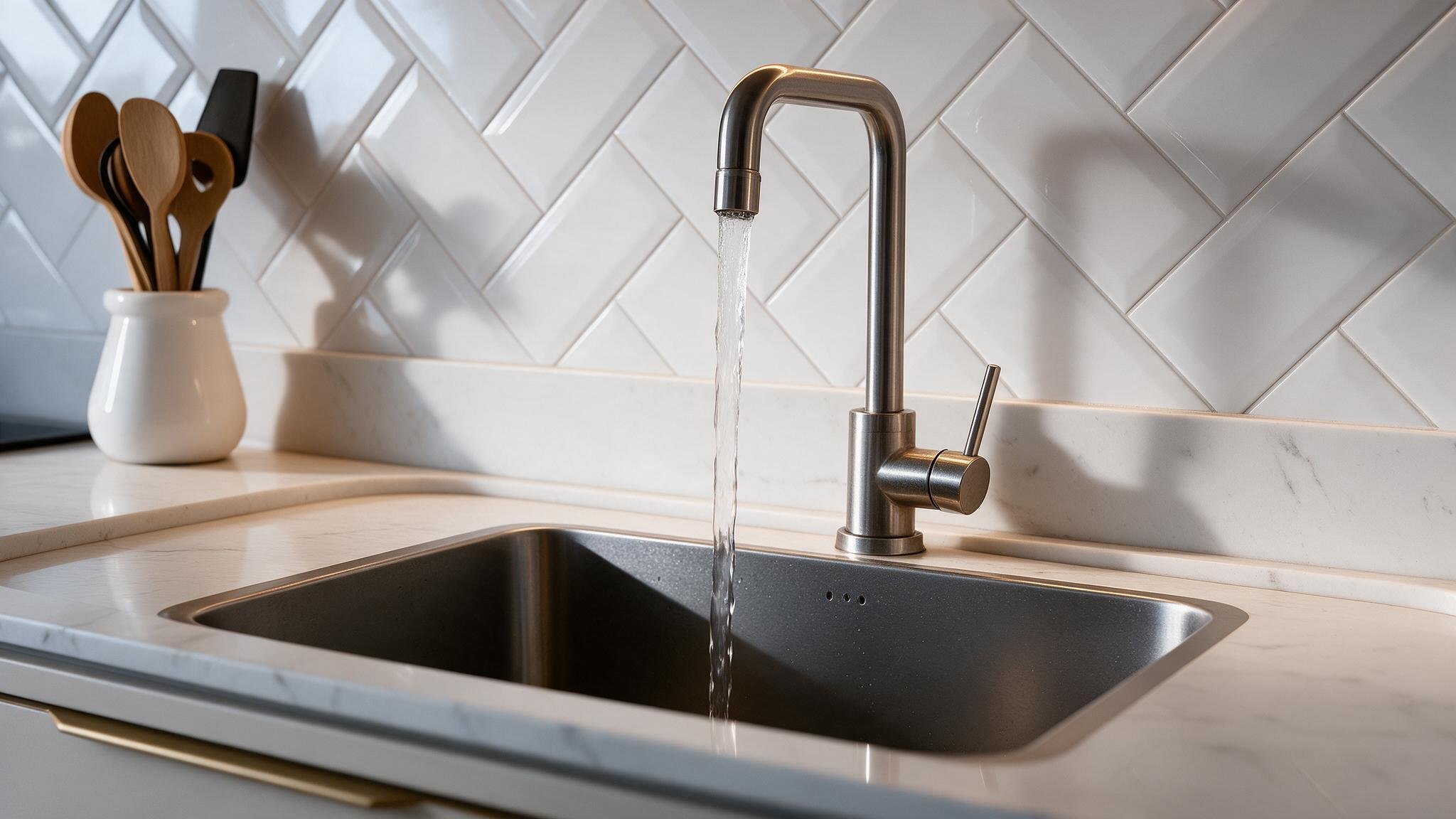 Kitchen sink with brushed steel faucet and herringbone tile backsplash