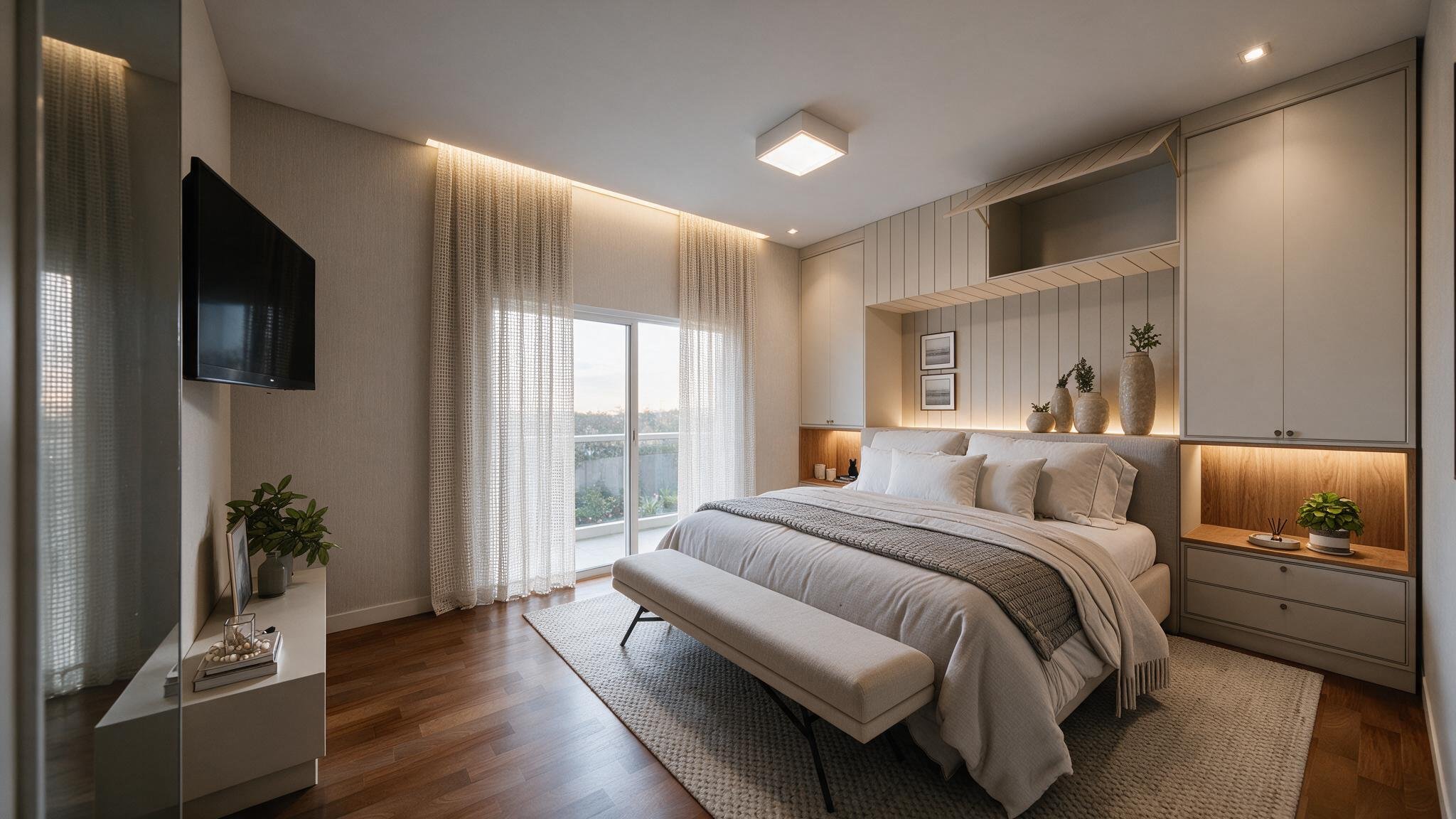 Suite with built-in headboard millwork and walk-in closet in daylight