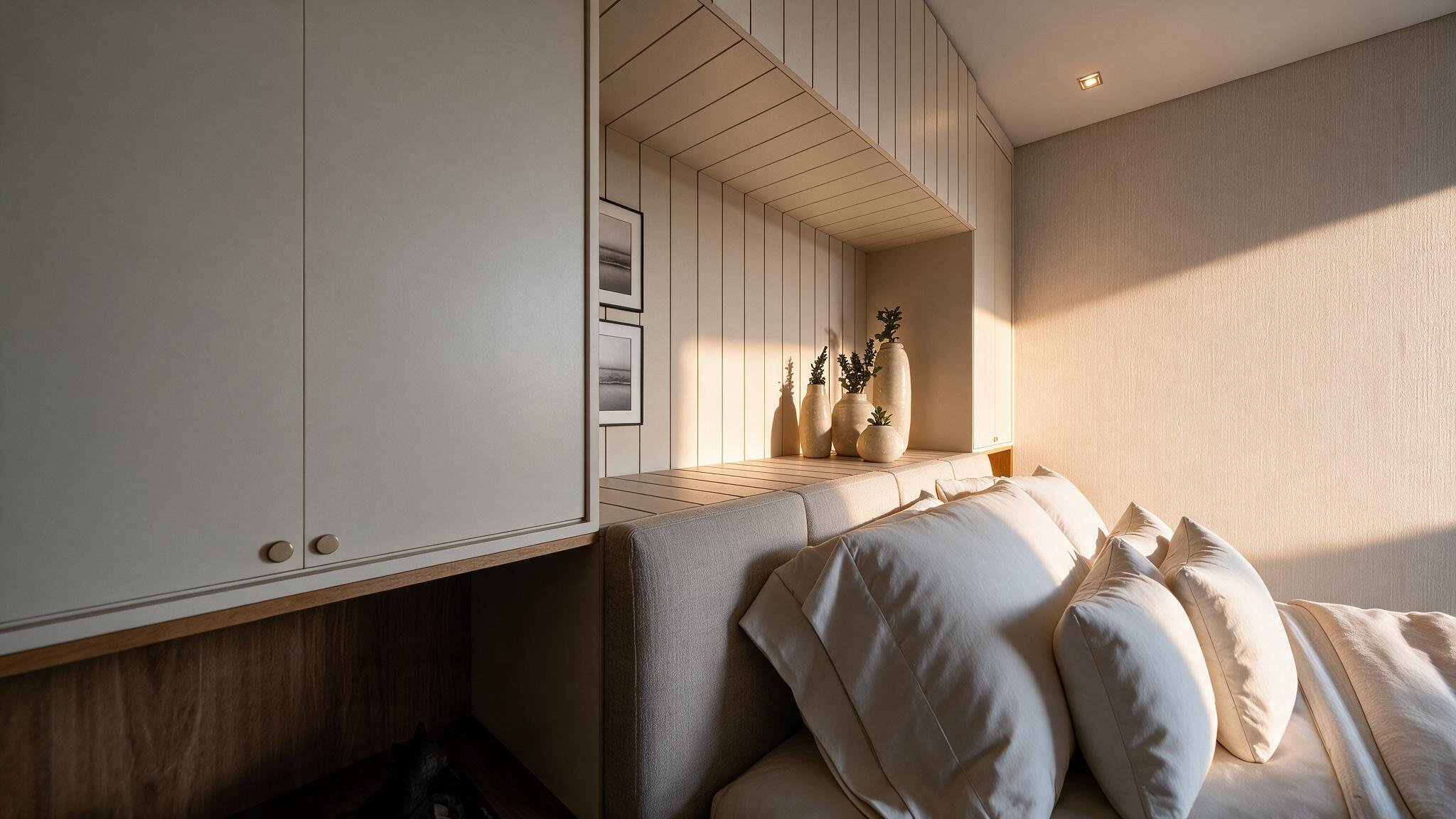 Headboard millwork with slatted panel and ceramic vases