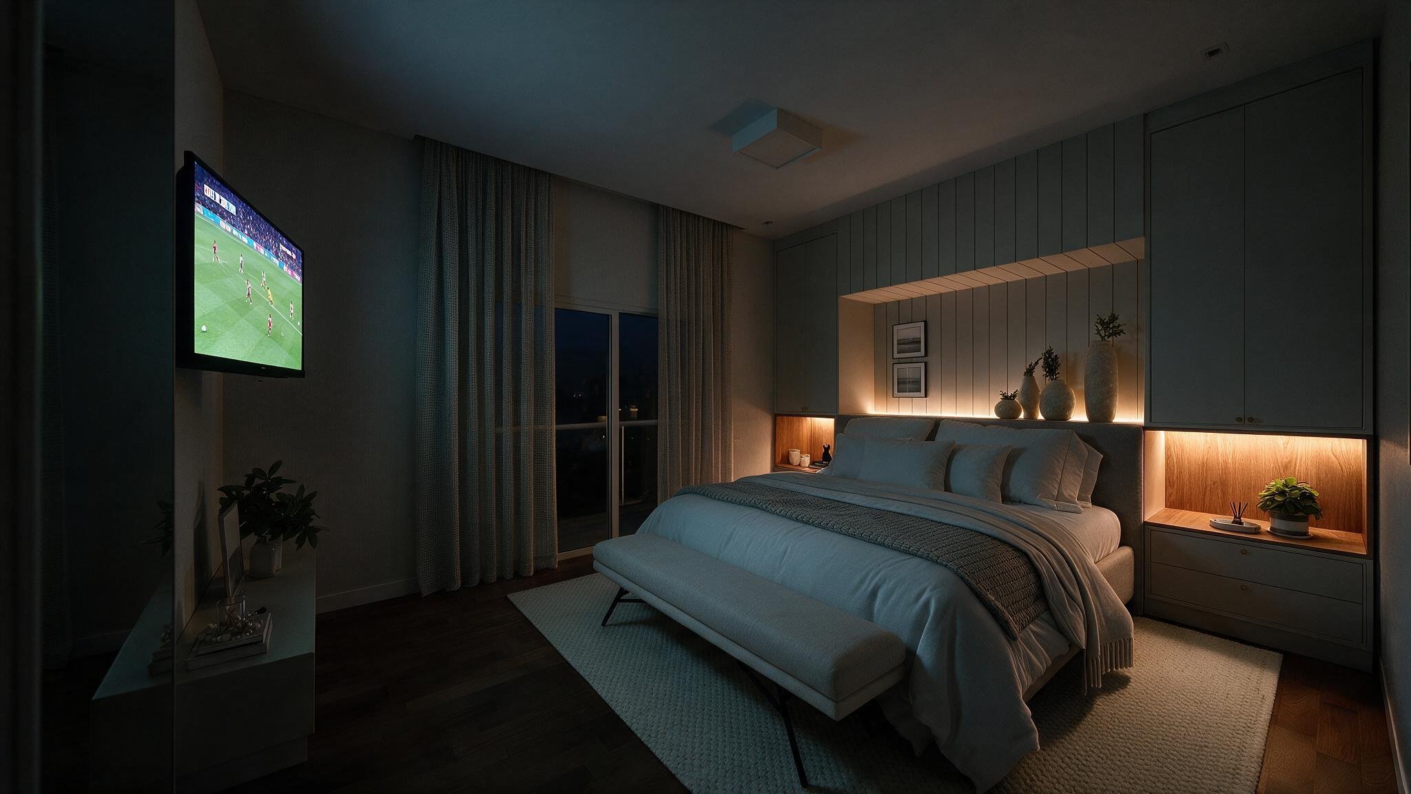 Suite at night with lit niches