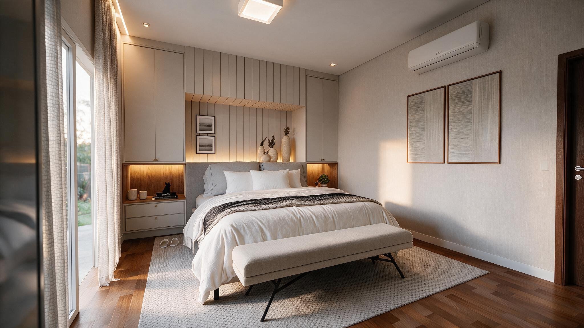 Suite seen from the foot of the bed with bench and framed art