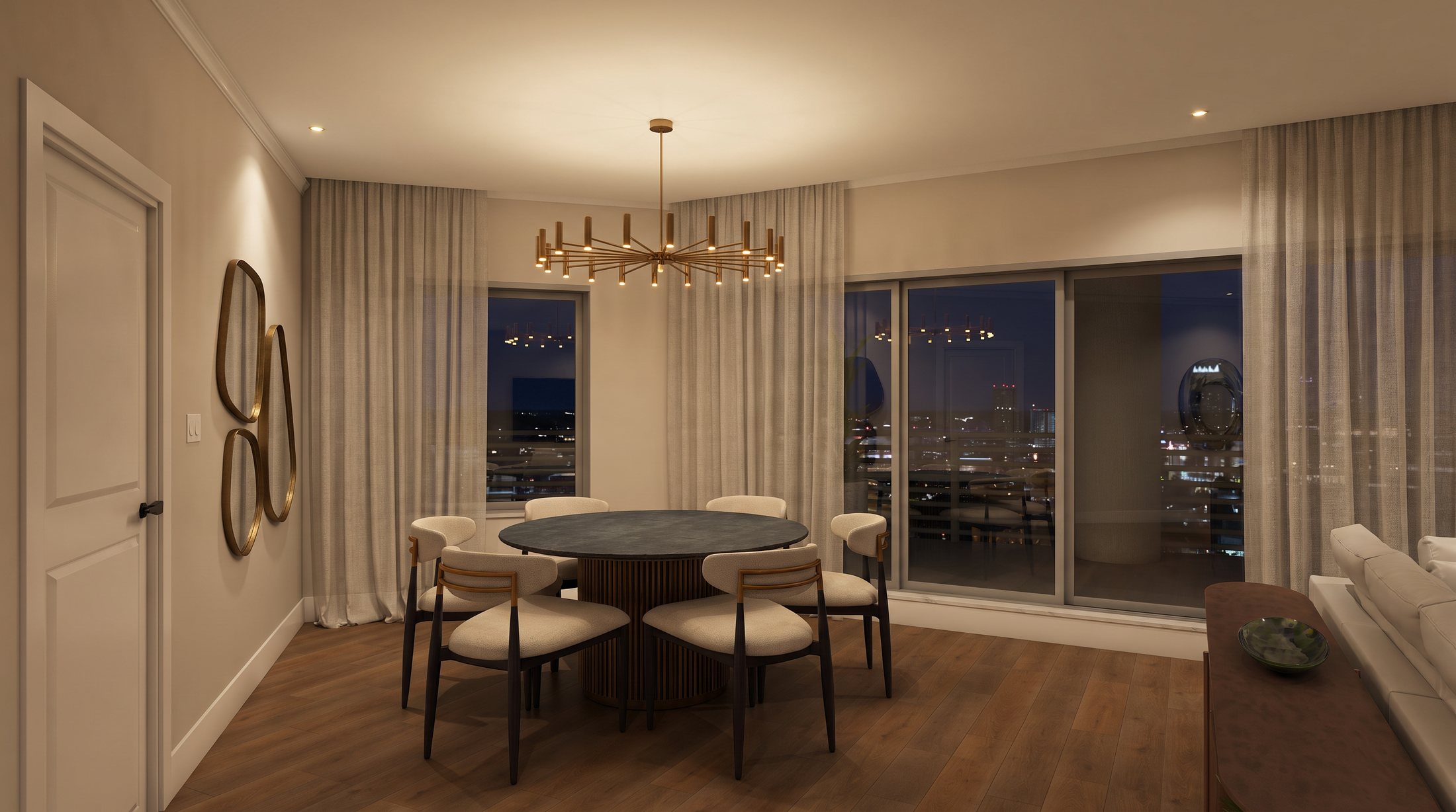 Dining room at dusk with round table