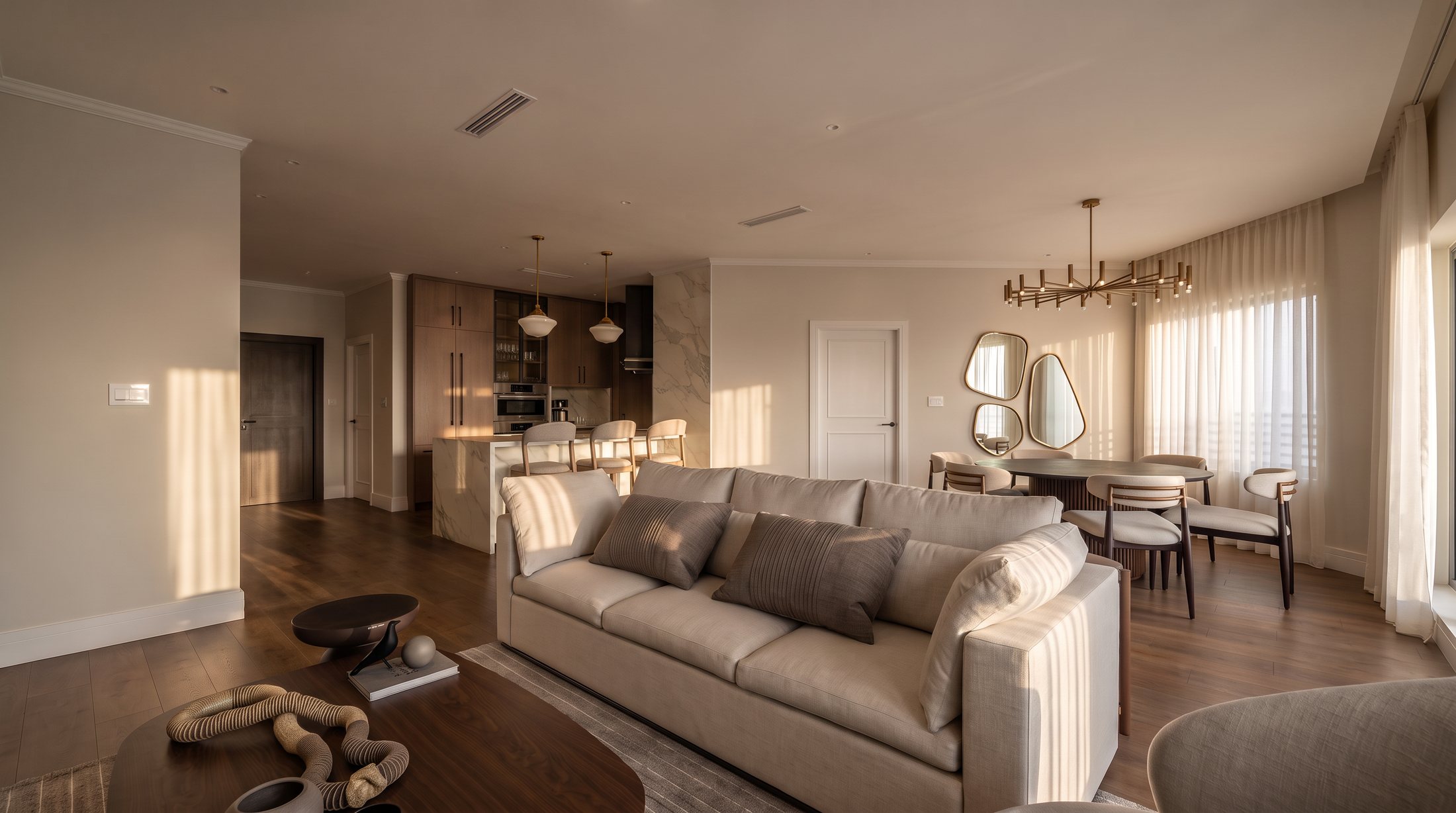 Open-plan living and dining area with warm contemporary finishes, Tampa apartment concept