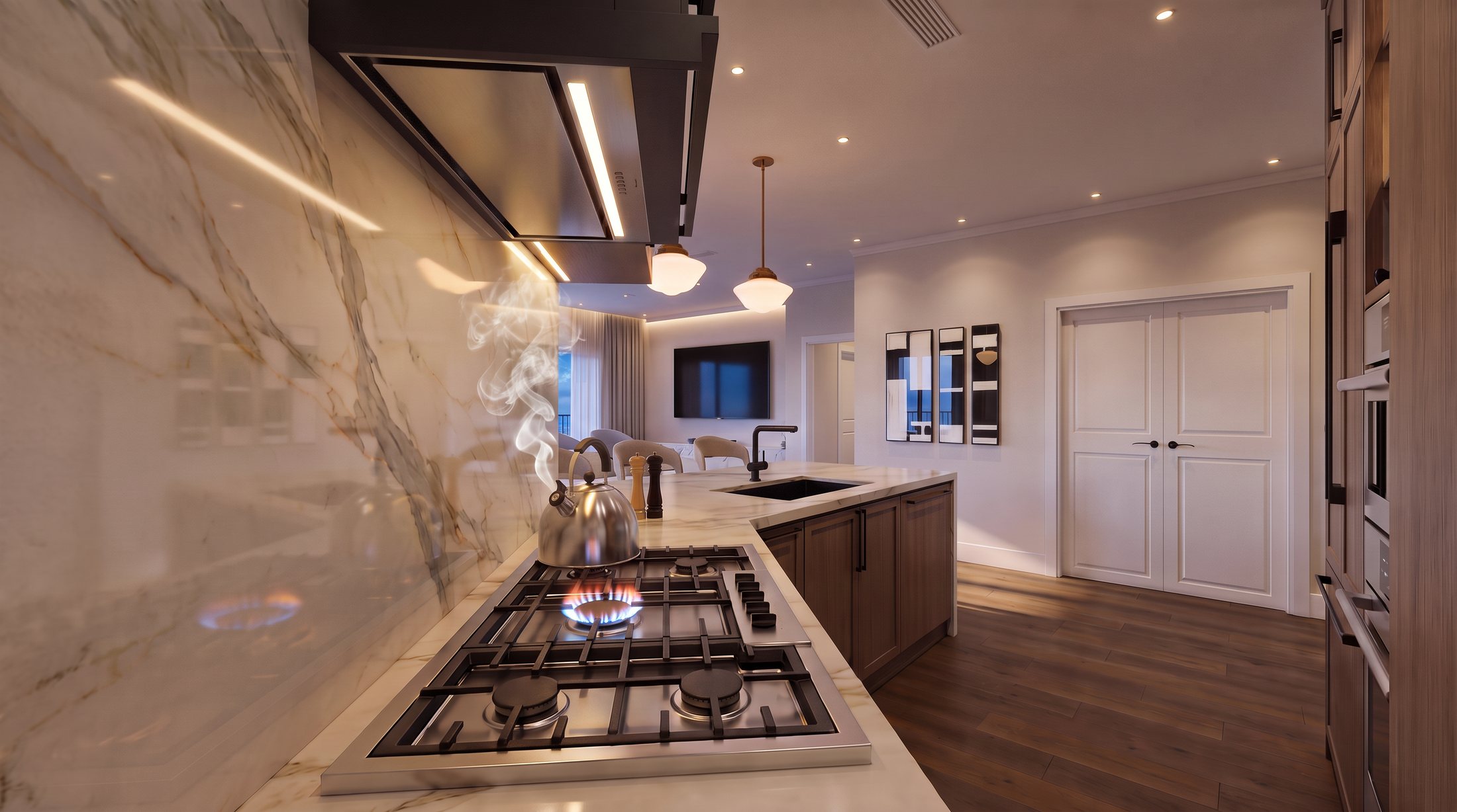 Kitchen cooktop at dusk with steaming kettle