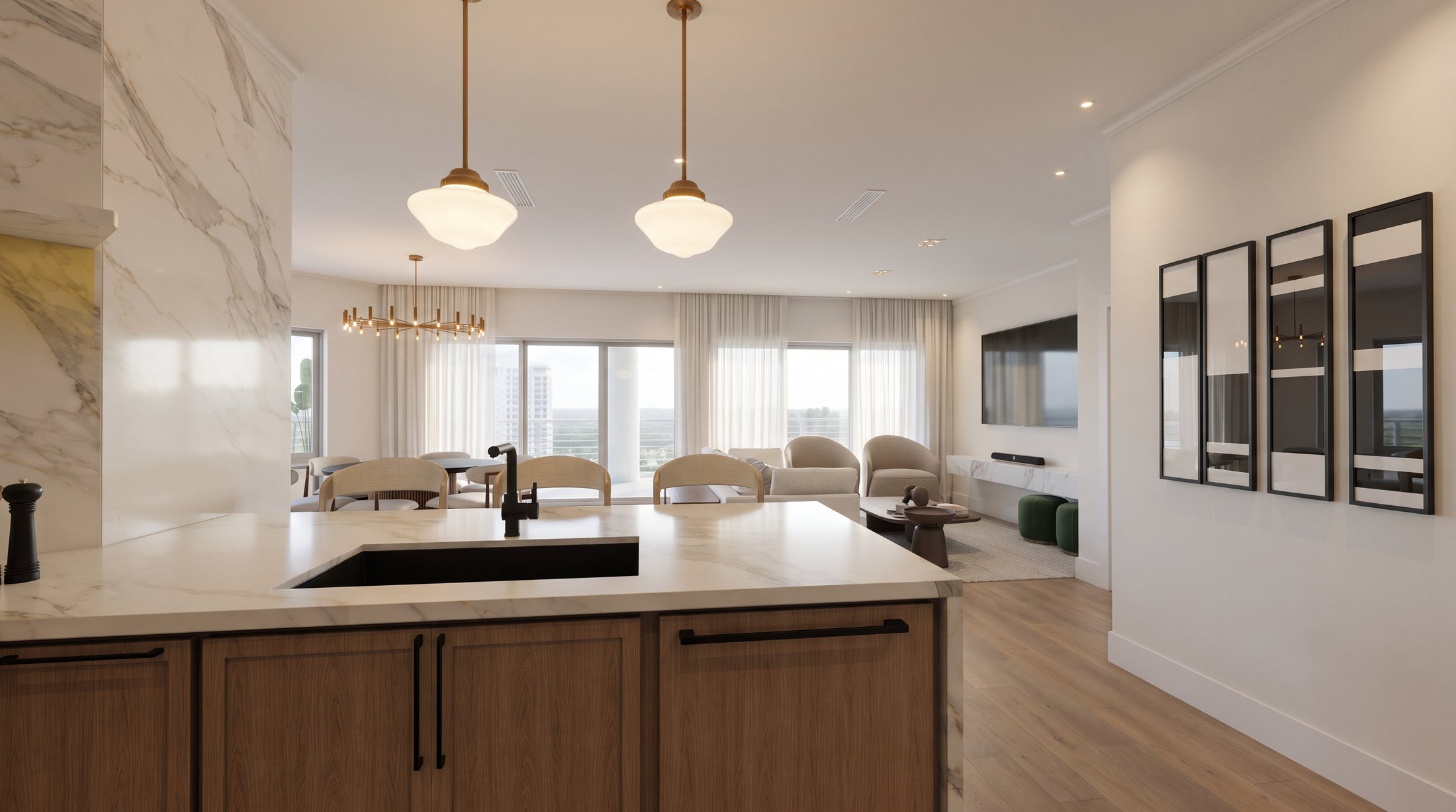 View across the kitchen sink to the living area