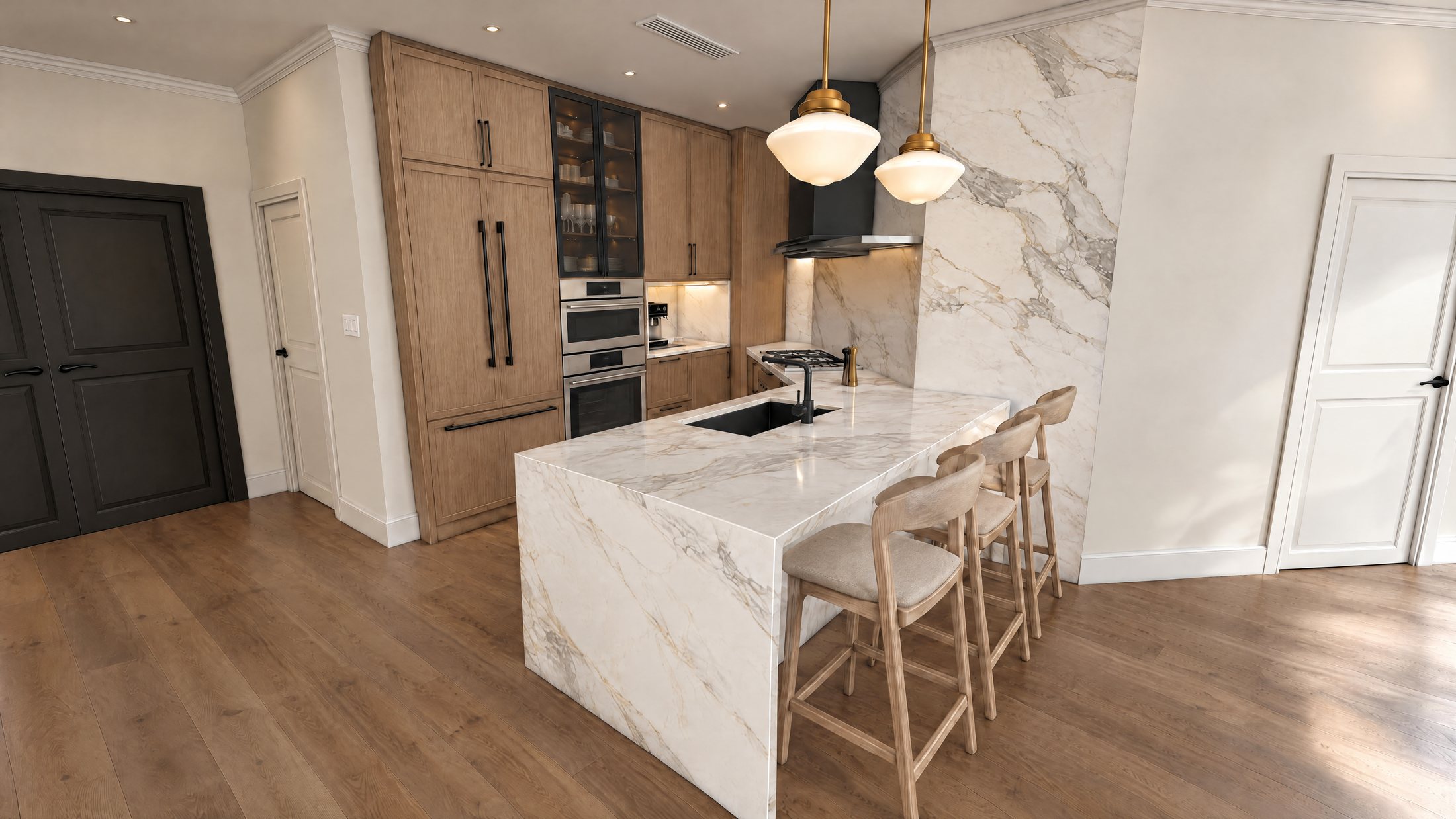 Kitchen with waterfall marble island and wood stools