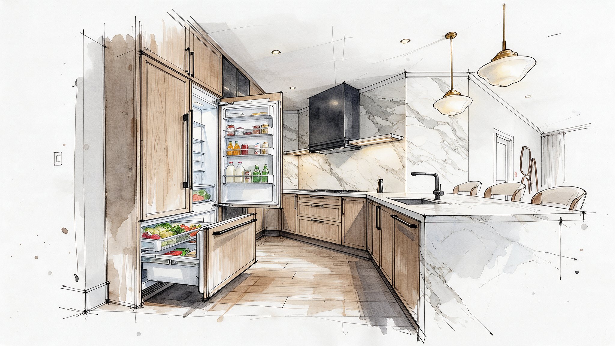 Kitchen sketch with open refrigerator
