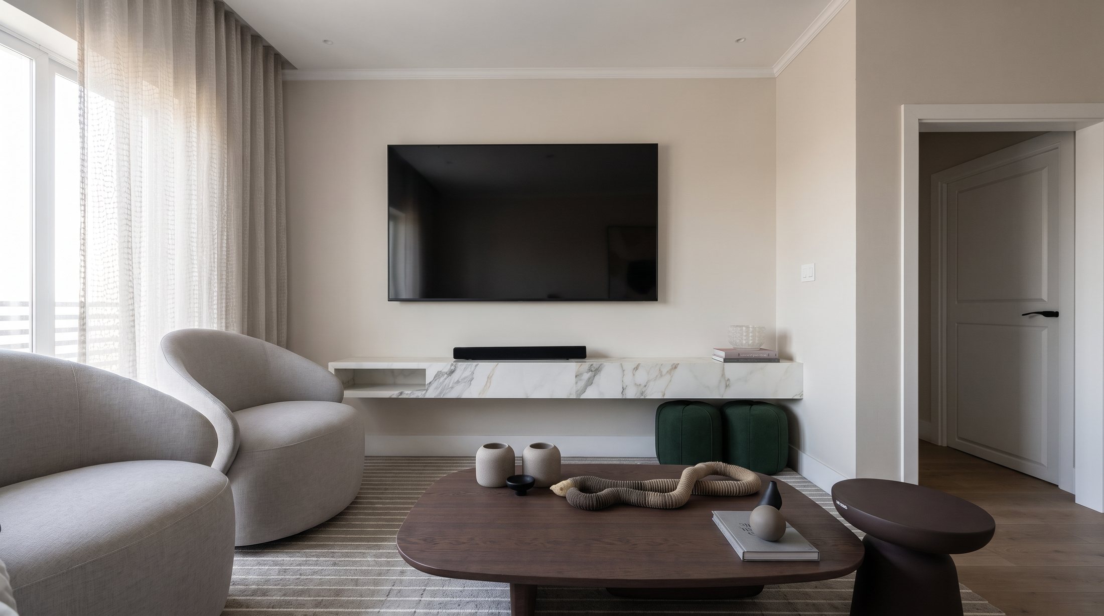 Living room with marble media console