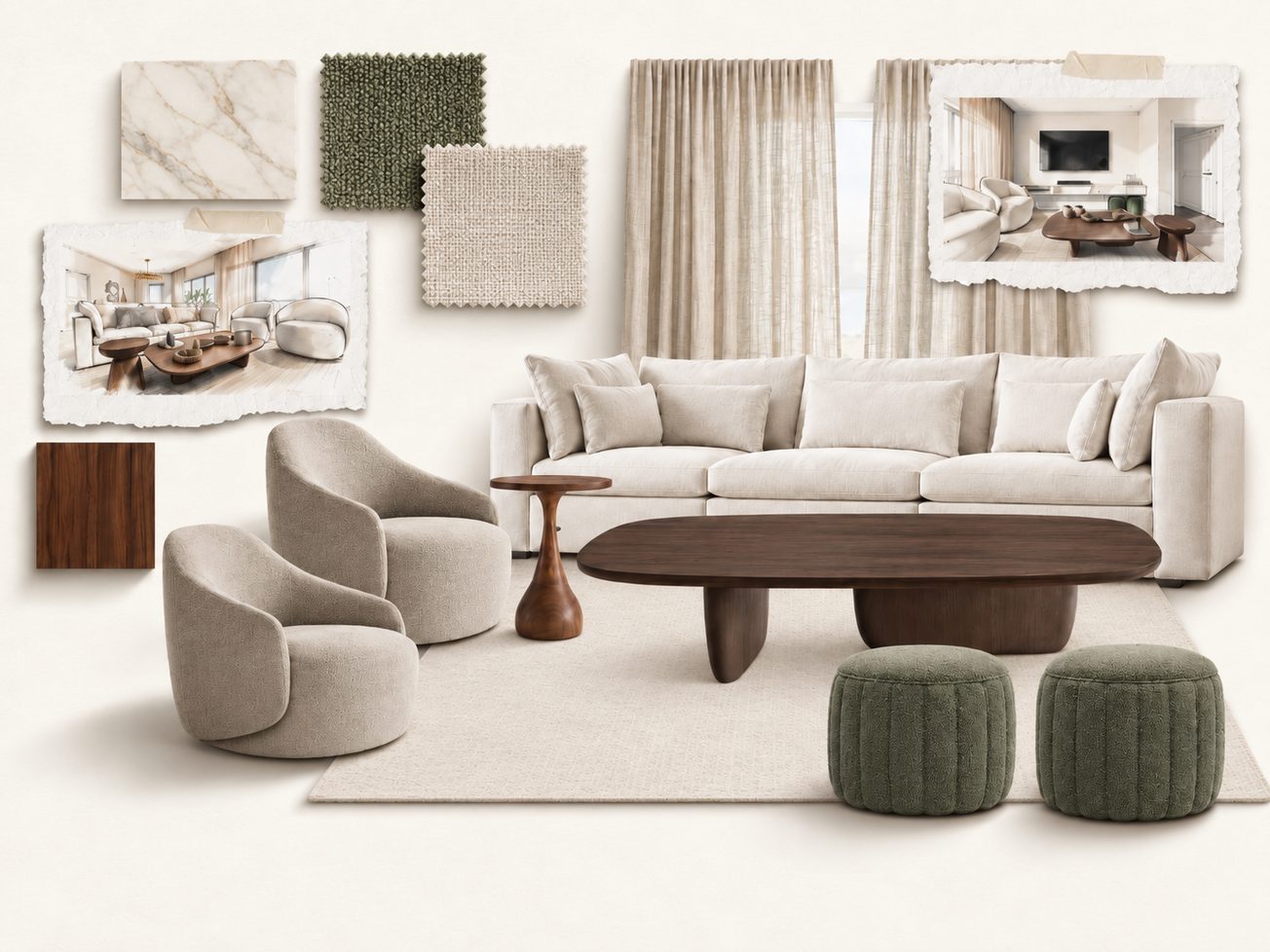 Living room mood board with materials and furniture