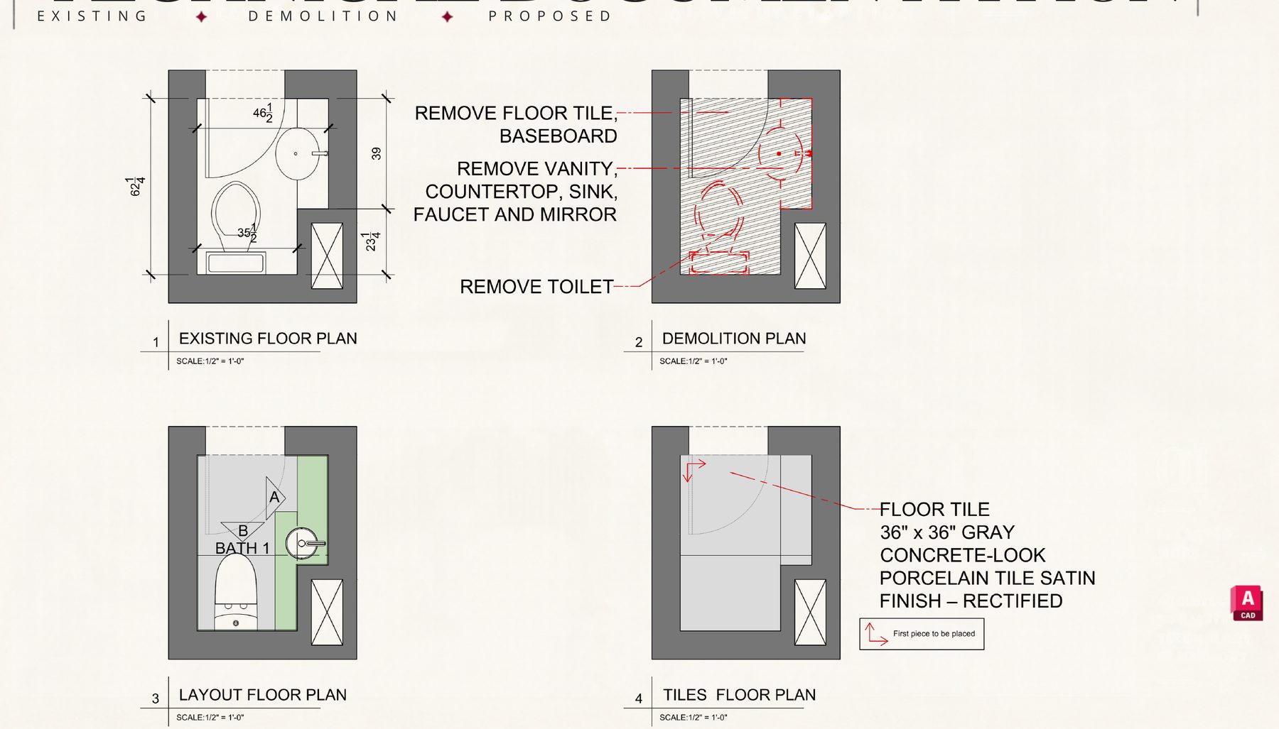 Existing, demolition, layout and tile plans