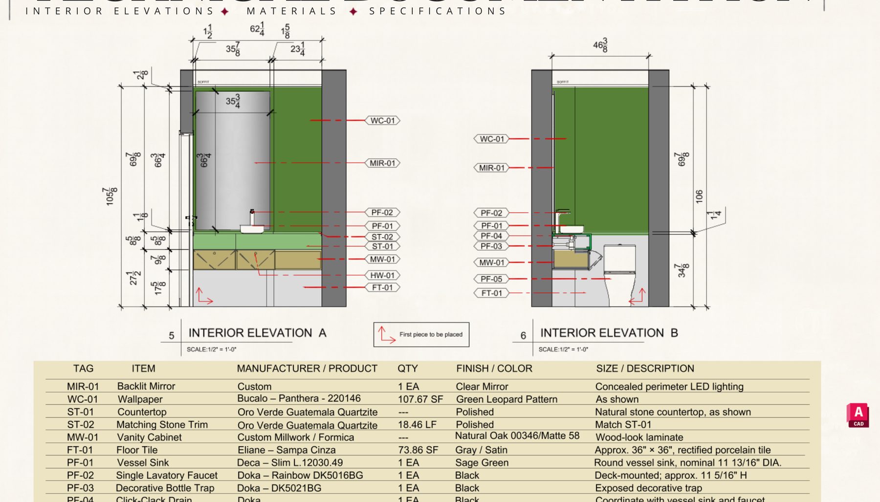 Interior elevations with materials and specifications schedule
