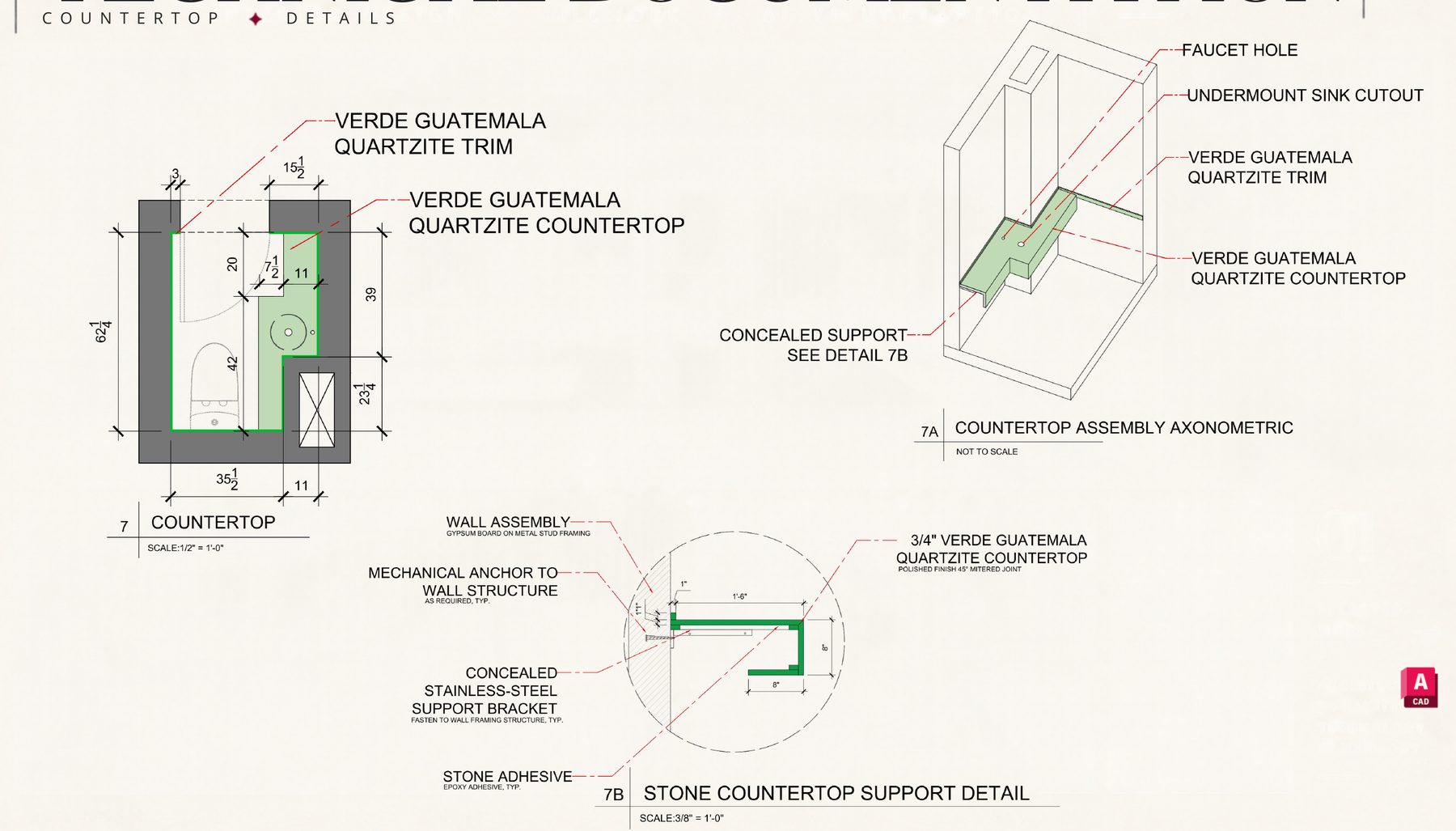 Countertop axonometric and stone support detail